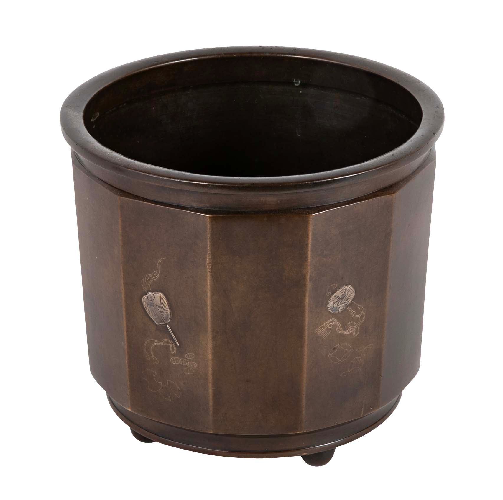 A Japanese Patinated Bronze Planter with Silver Inlays