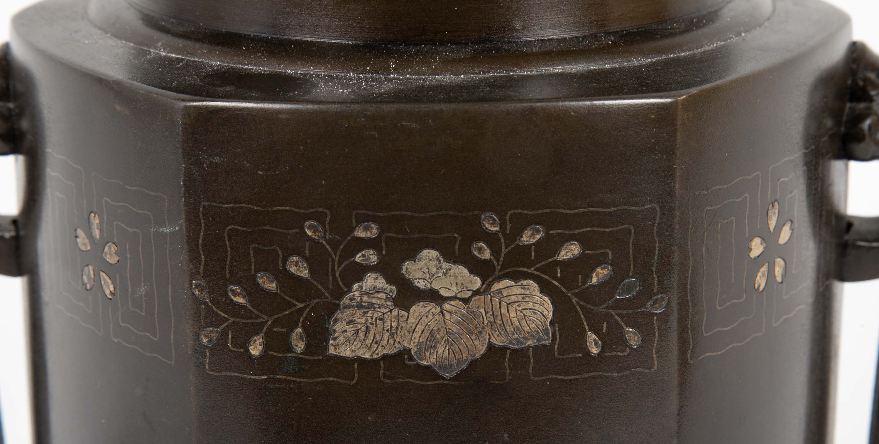 Japanese Mixed Metal Double Handled Vase with Silver Wire Inlay
