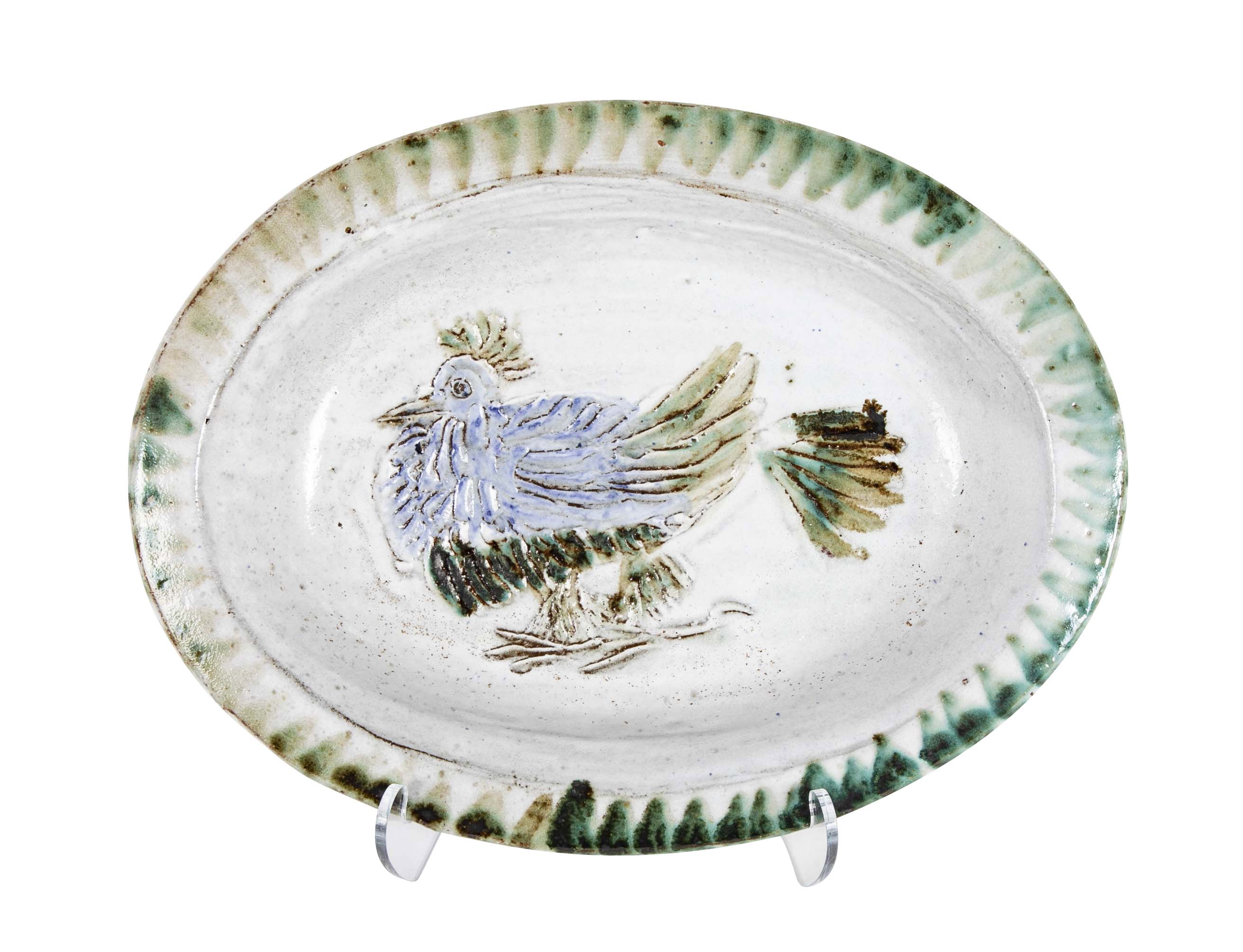 Shallow Ceramic Bowl with Chicken on White by Albert Thiry, Villauris, France