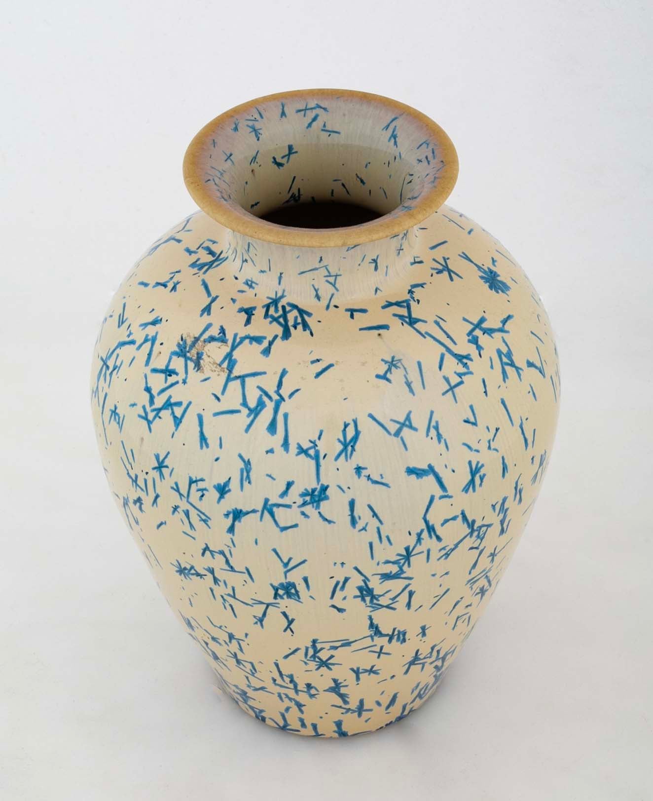 An American Terracotta Vase of Cobalt Blue Dash Design Over Tan Ground by Norweta