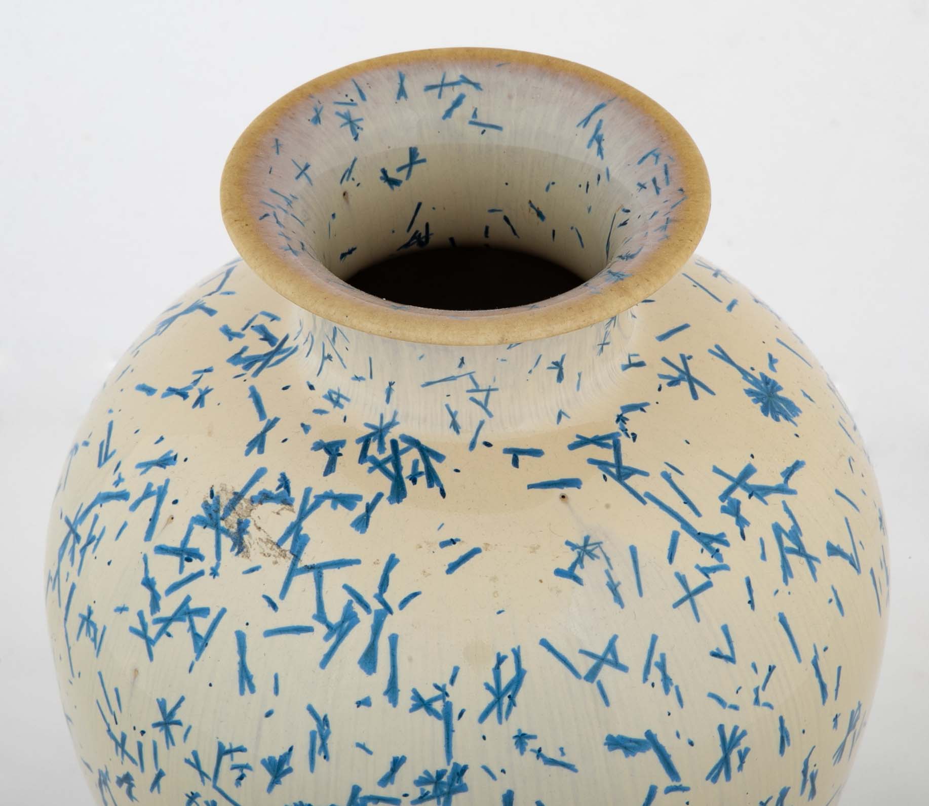An American Terracotta Vase of Cobalt Blue Dash Design Over Tan Ground by Norweta