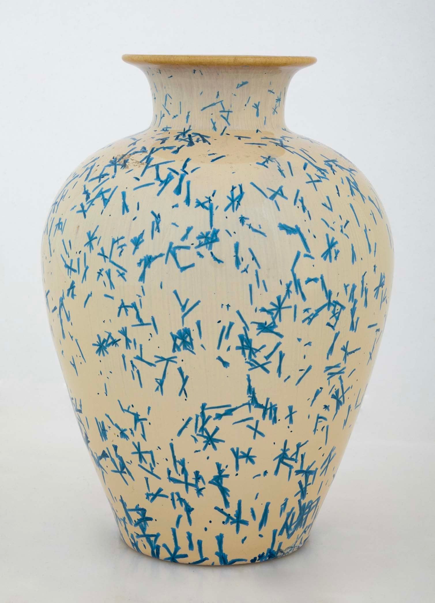 An American Terracotta Vase of Cobalt Blue Dash Design Over Tan Ground by Norweta