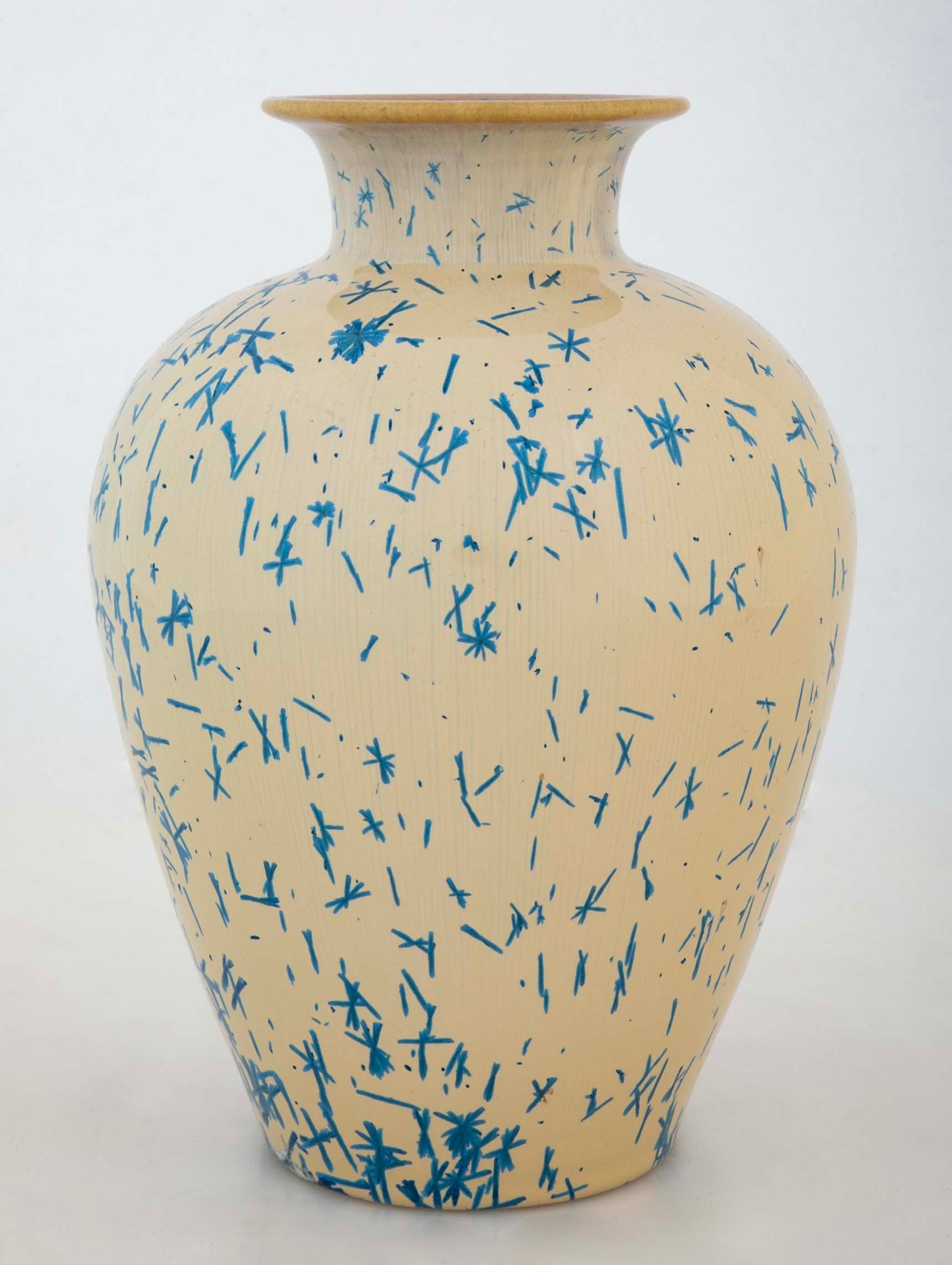 An American Terracotta Vase of Cobalt Blue Dash Design Over Tan Ground by Norweta