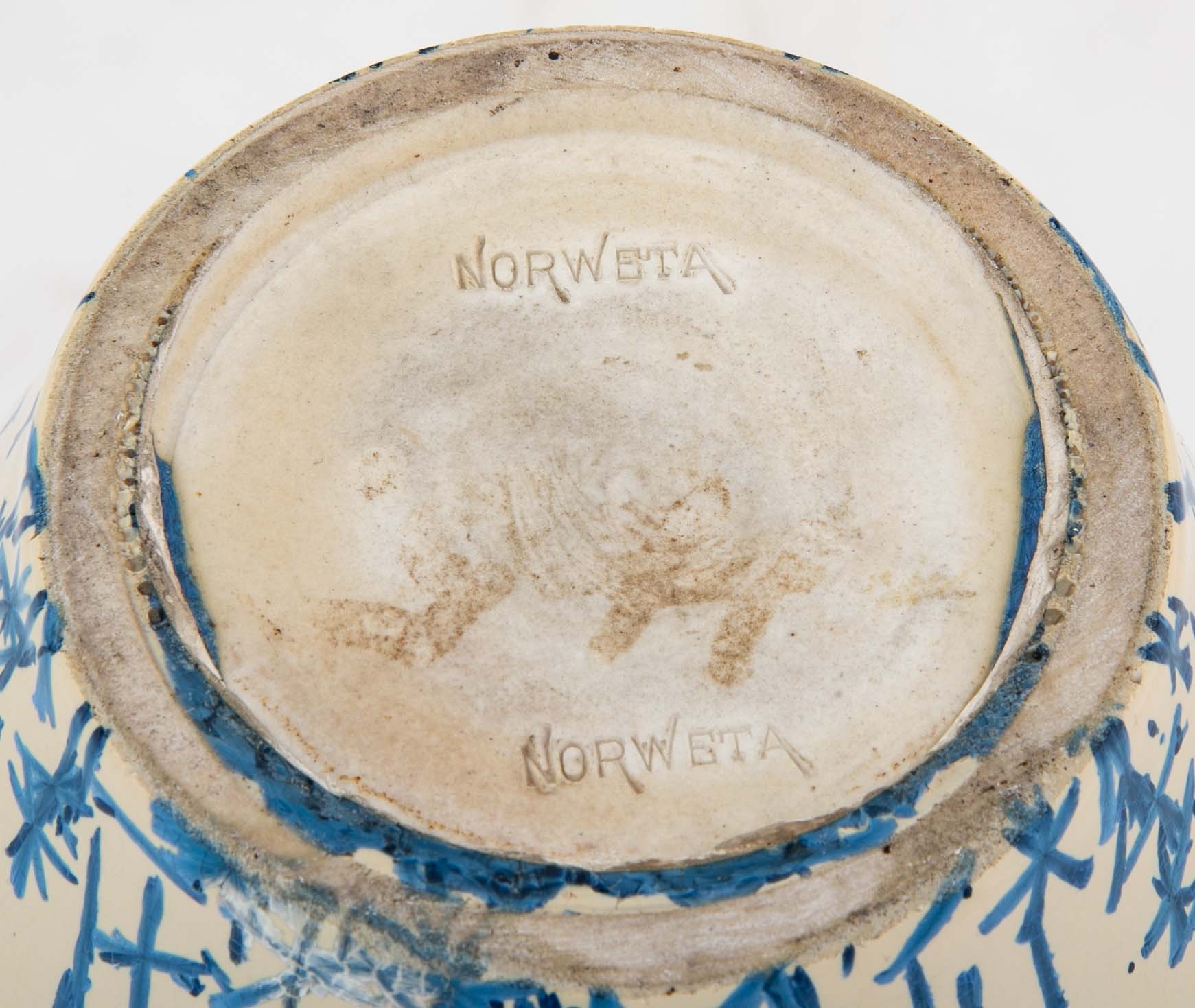 An American Terracotta Vase of Cobalt Blue Dash Design Over Tan Ground by Norweta