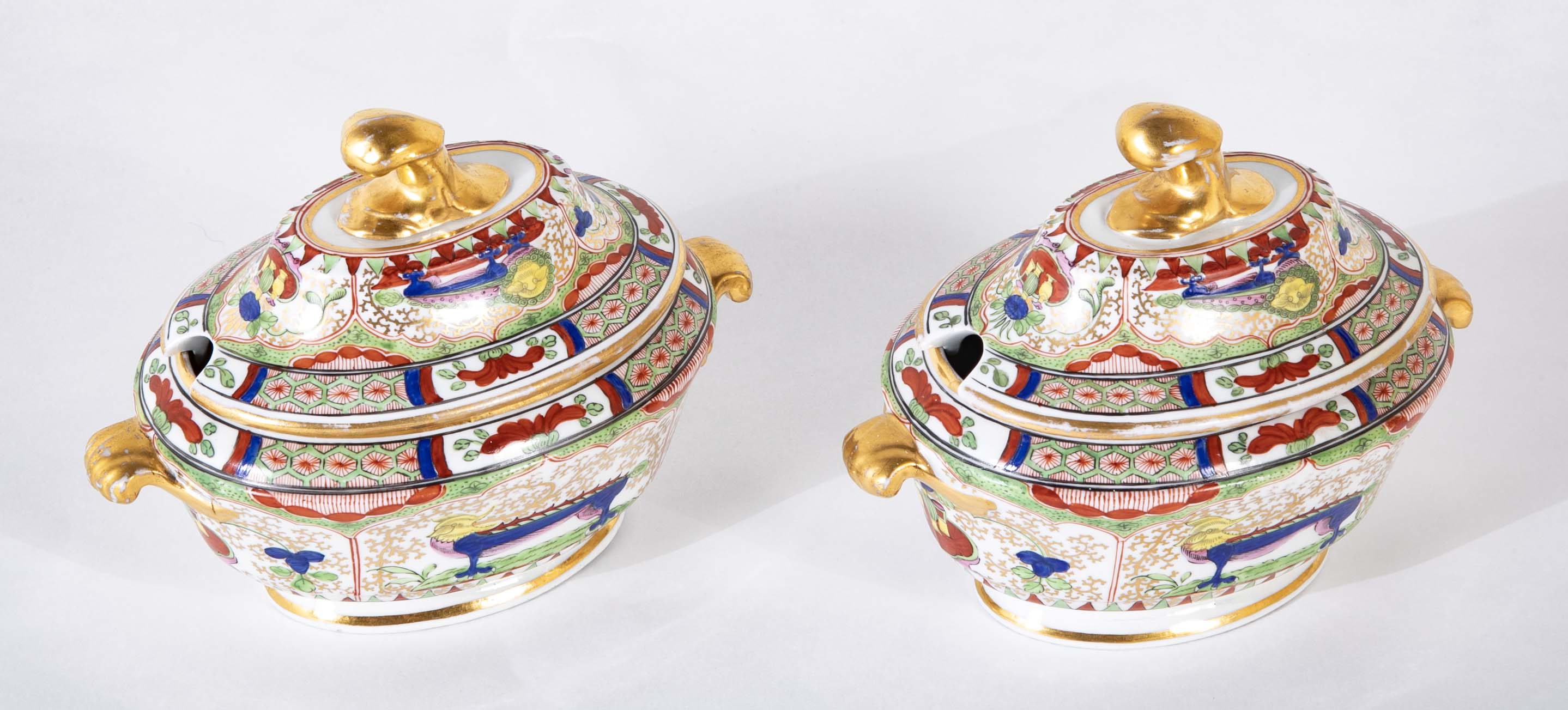 Pair of Worcester "Dragons in Compartments" Covered Sauce Tureens