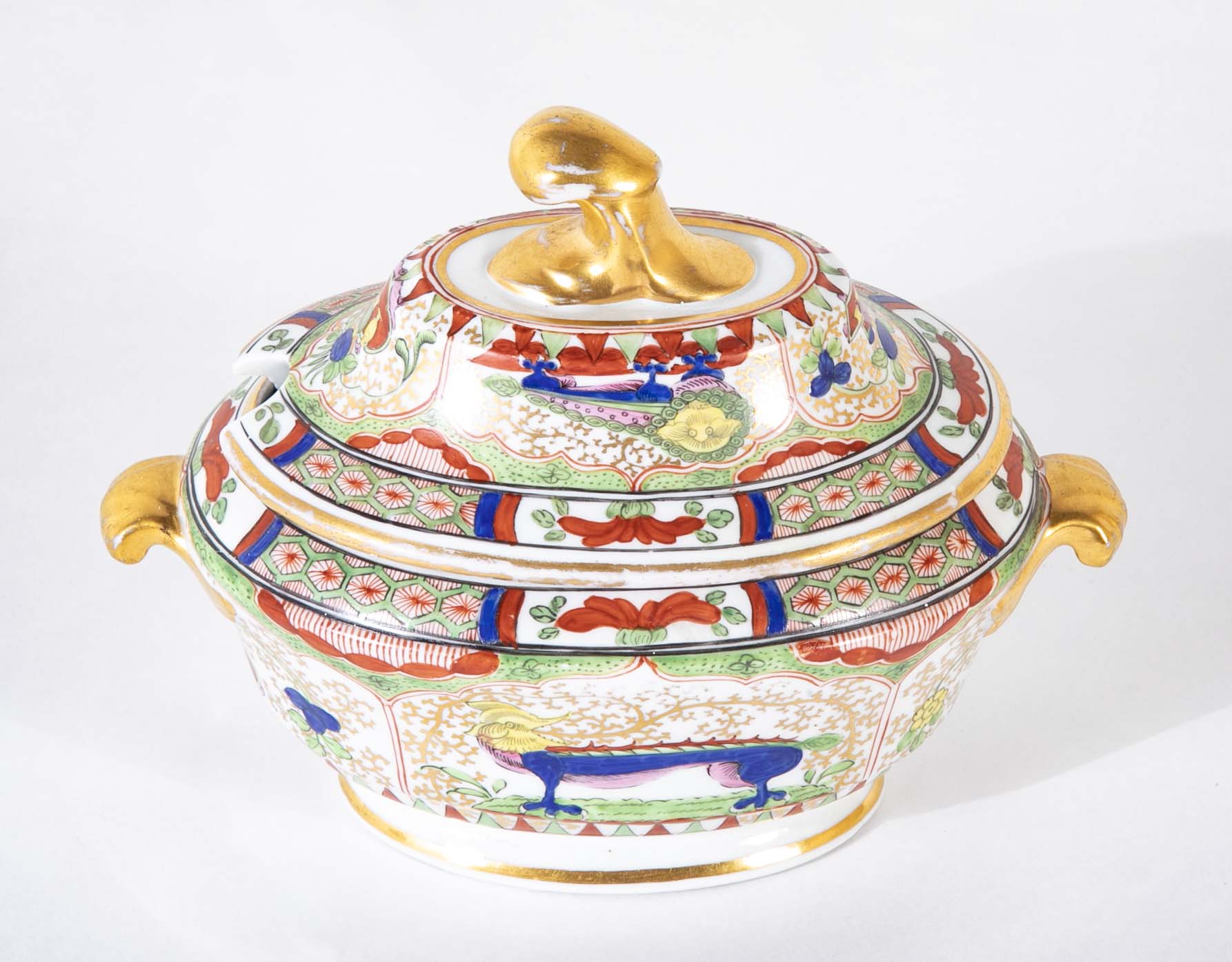 Pair of Worcester "Dragons in Compartments" Covered Sauce Tureens