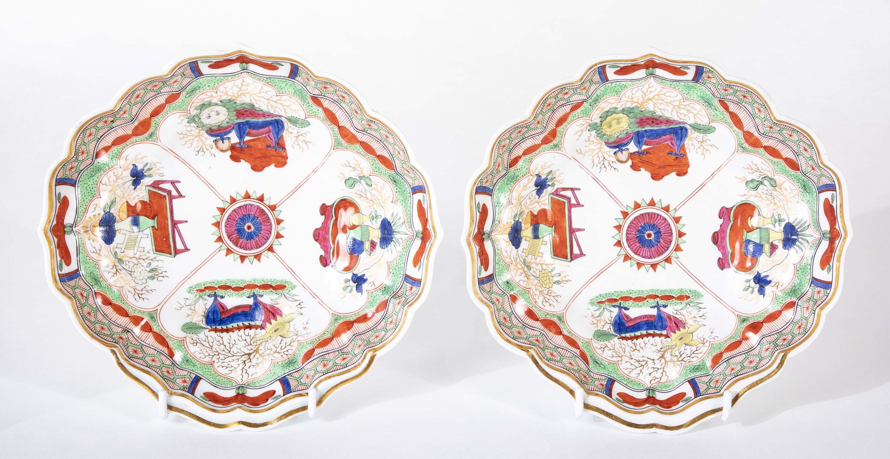 A Pair of Worcester "Dragons in Compartments" Porcelain Dishes