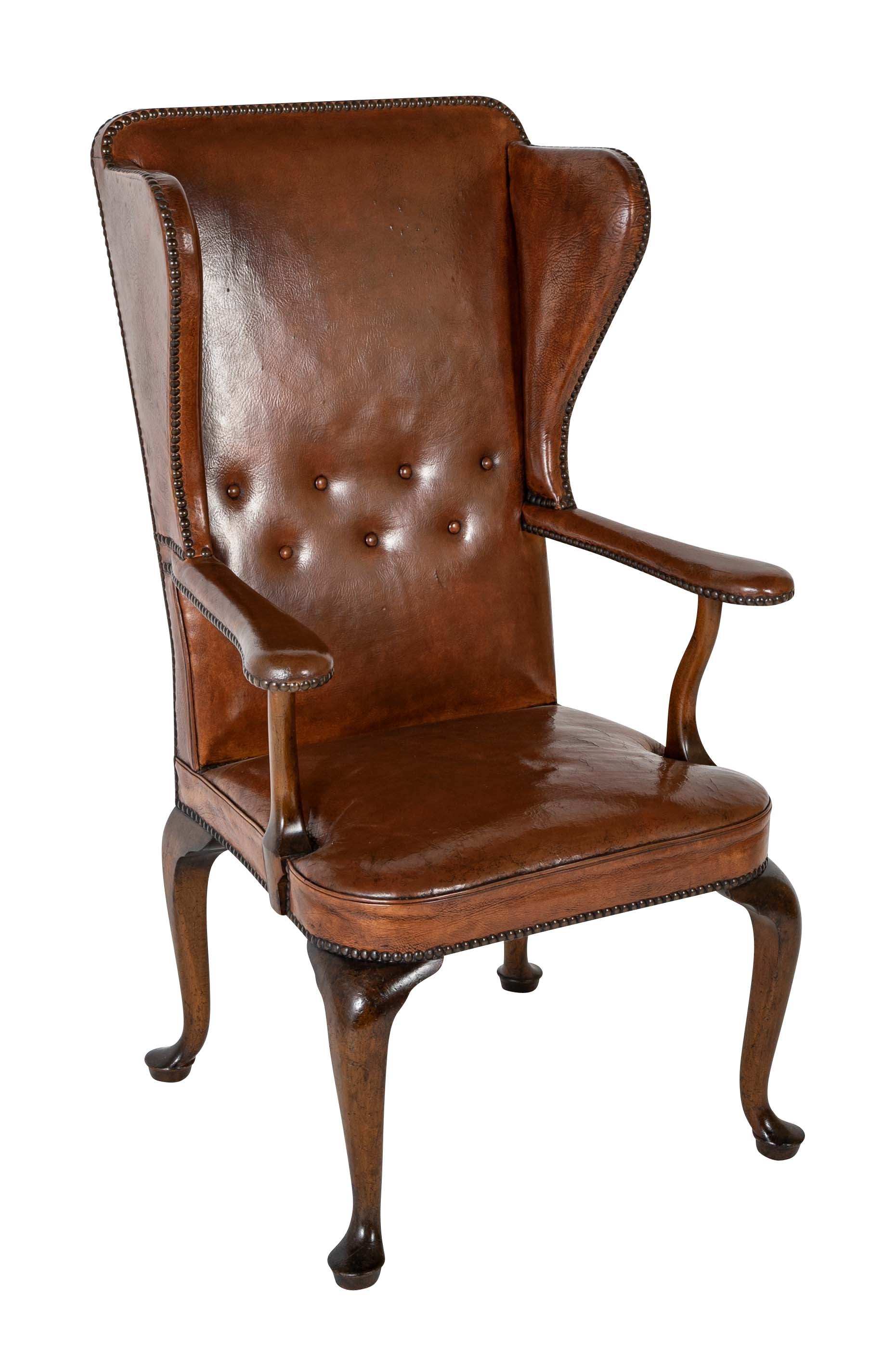Danish Leather Wingback Chair in Stained Beech with Brass Nail Trim