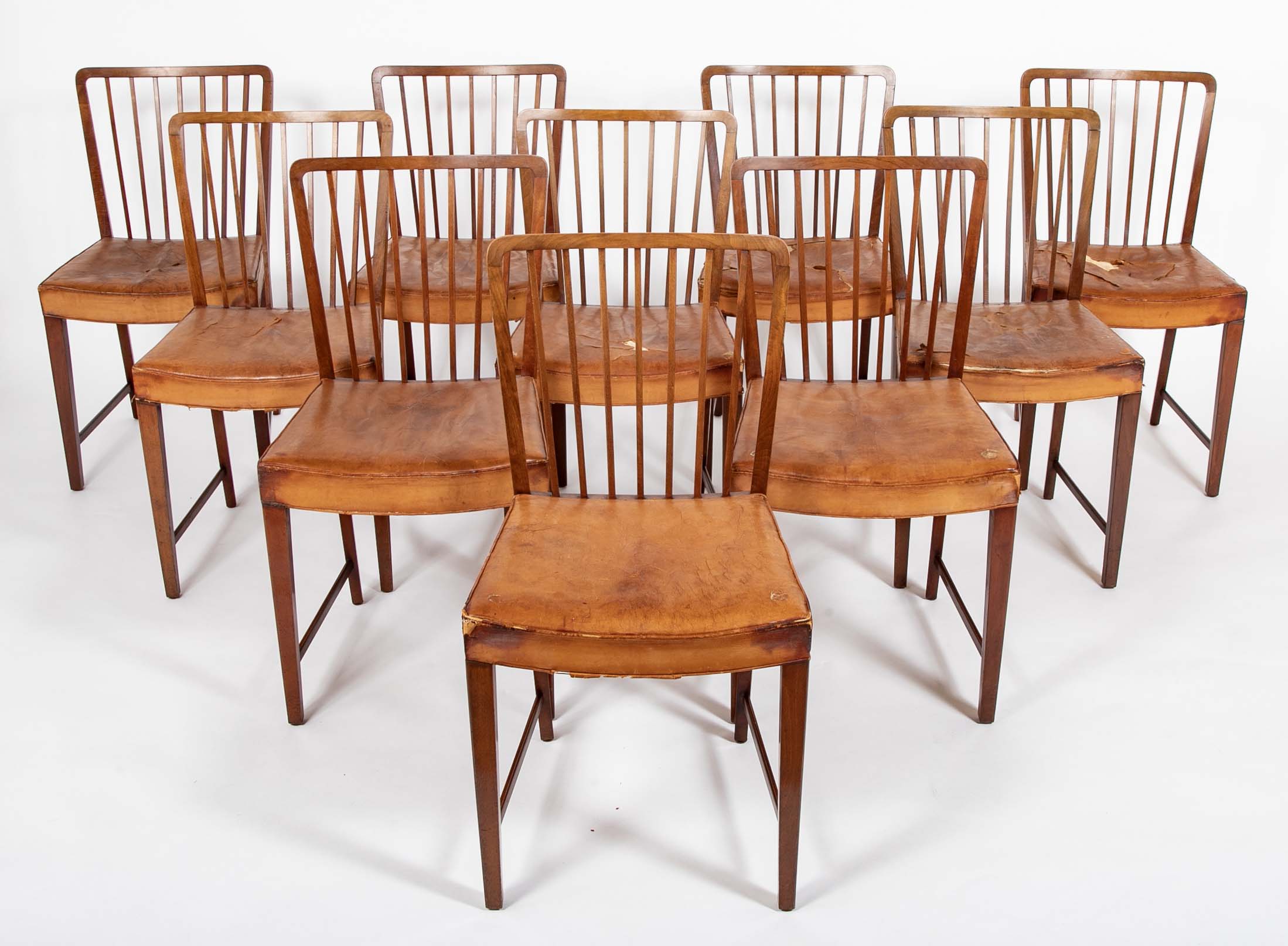 Set of 10 Fritz Hansen Stained Beech Leather Upholstered Dining Chairs