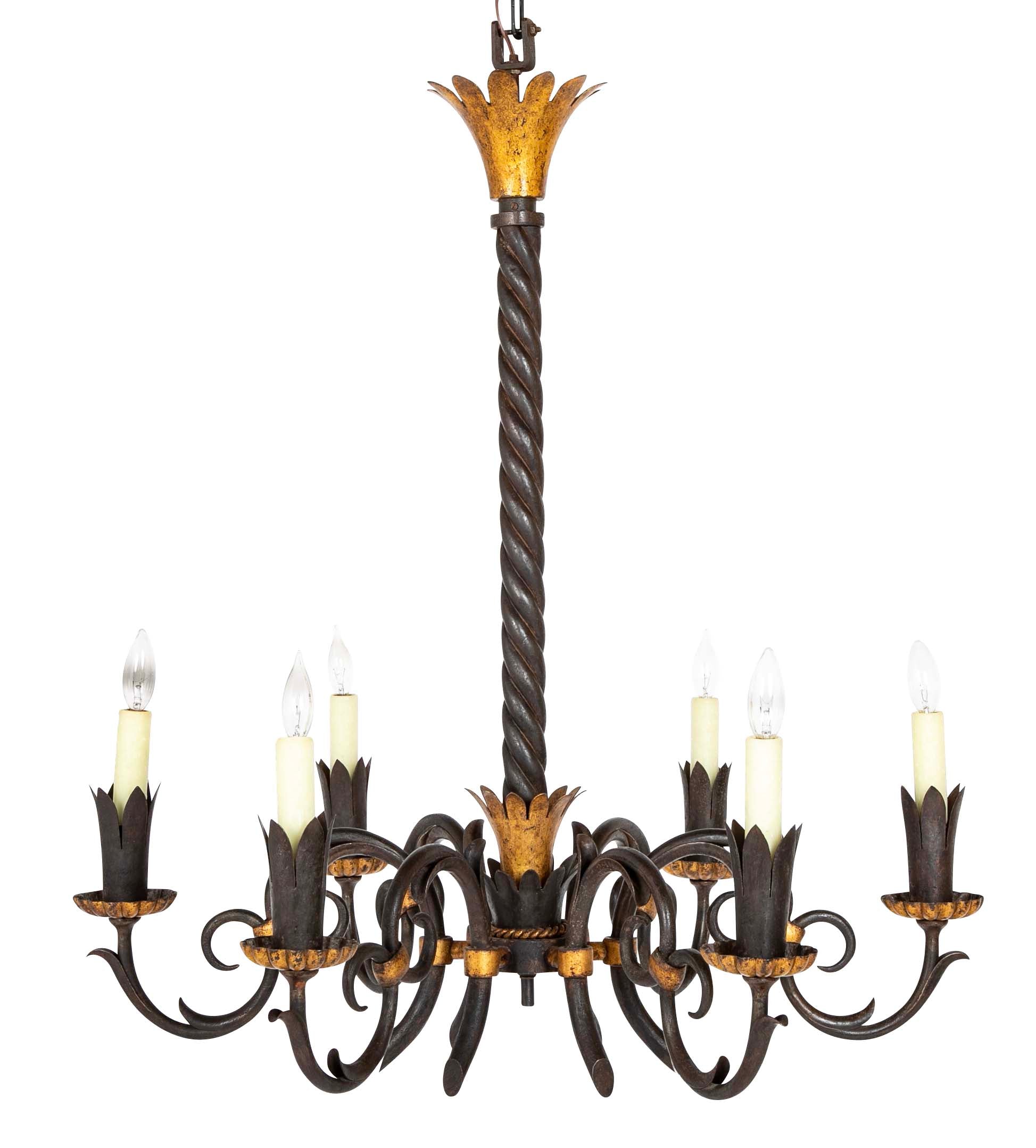 Gilbert Poillerat Designed Wrought Iron & Gilt Metal Chandelier