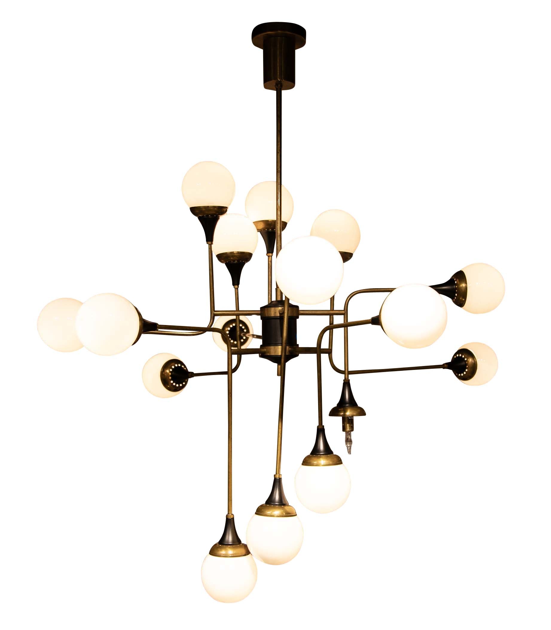Stilnovo Brass and Opaline Glass Chandelier
