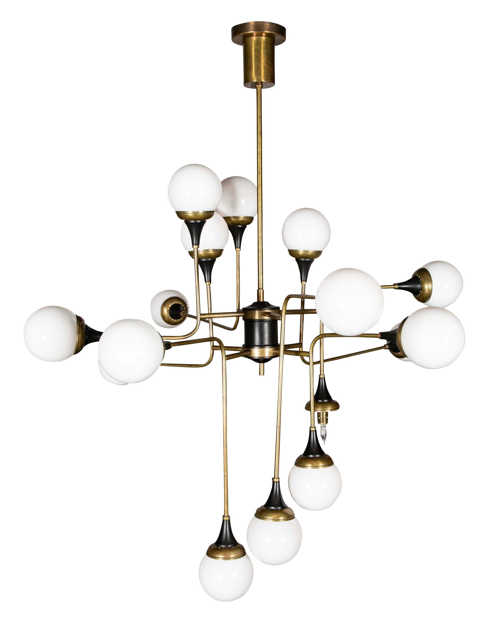 Stilnovo Brass and Opaline Glass Chandelier