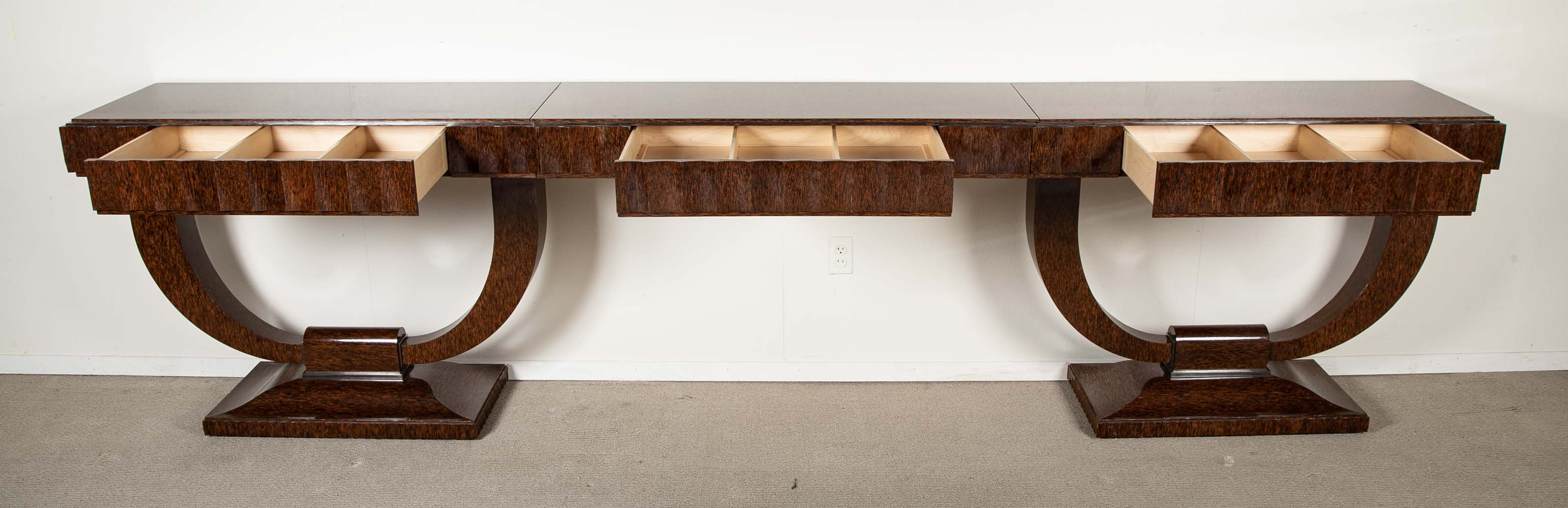 Specially Commissioned Dual Purpose Pair of Palmwood Console Tables and/or Palmwood Serving Table, after E.J. Ruhlmann, Art Deco Style