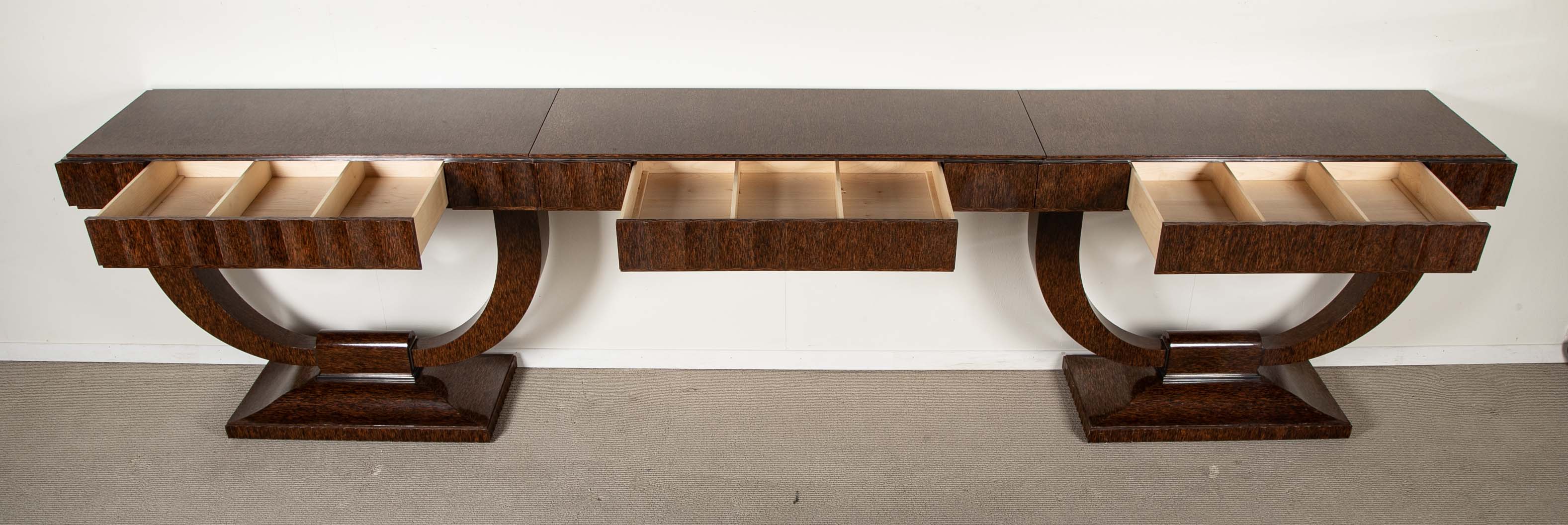 Specially Commissioned Dual Purpose Pair of Palmwood Console Tables and/or Palmwood Serving Table, after E.J. Ruhlmann, Art Deco Style