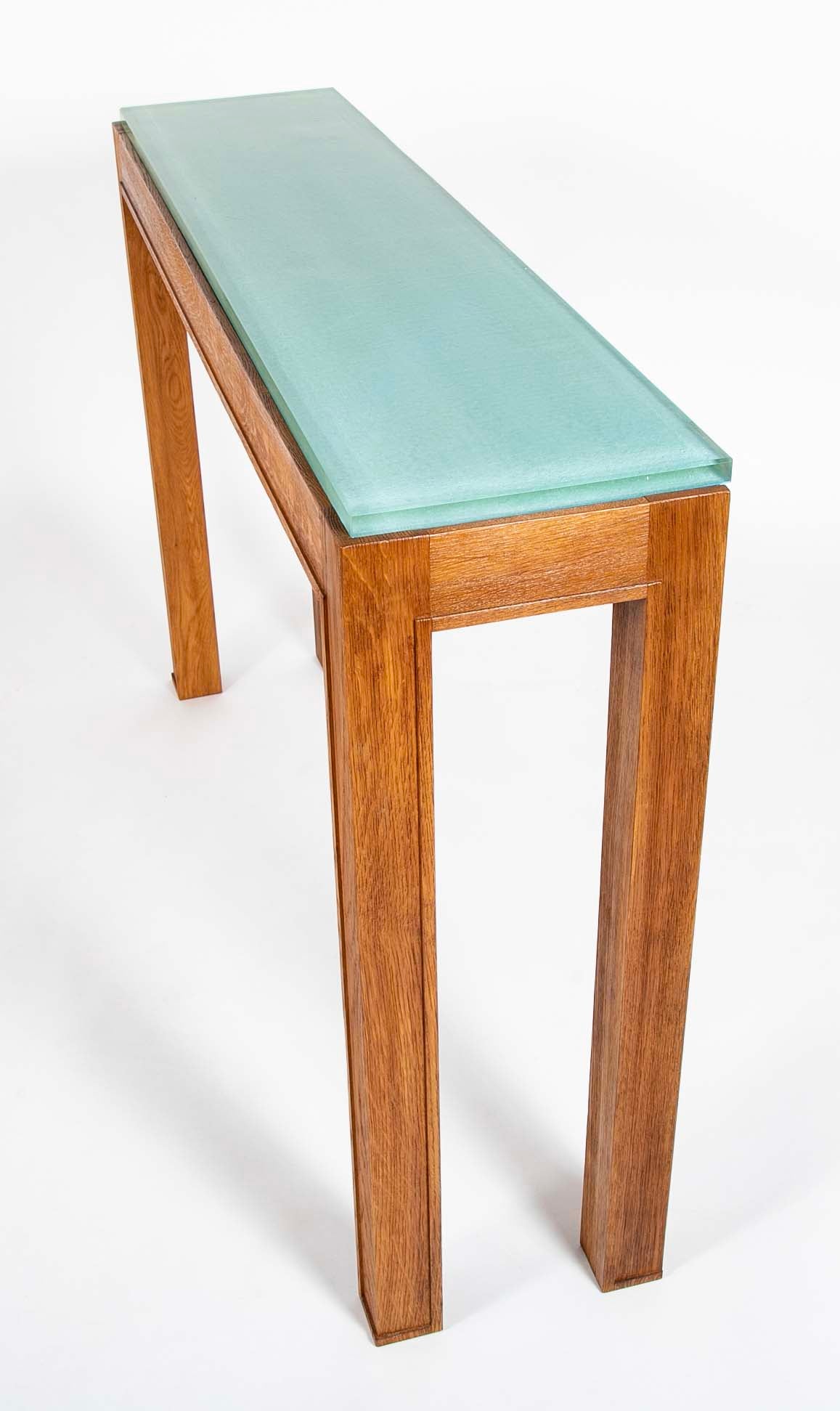 Jacques Adnet Blue/Green Glass Top Console Table
