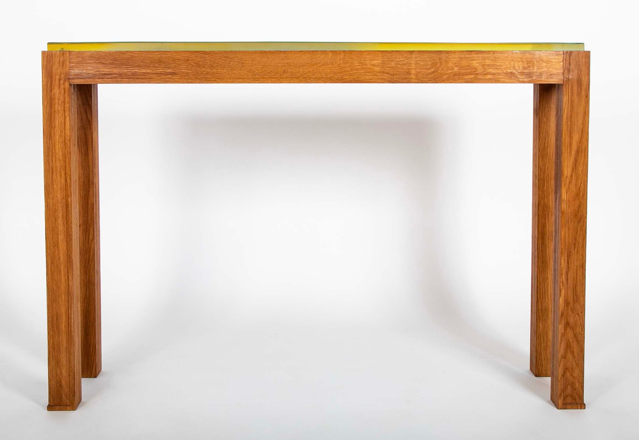 Jacques Adnet Blue/Green Glass Top Console Table