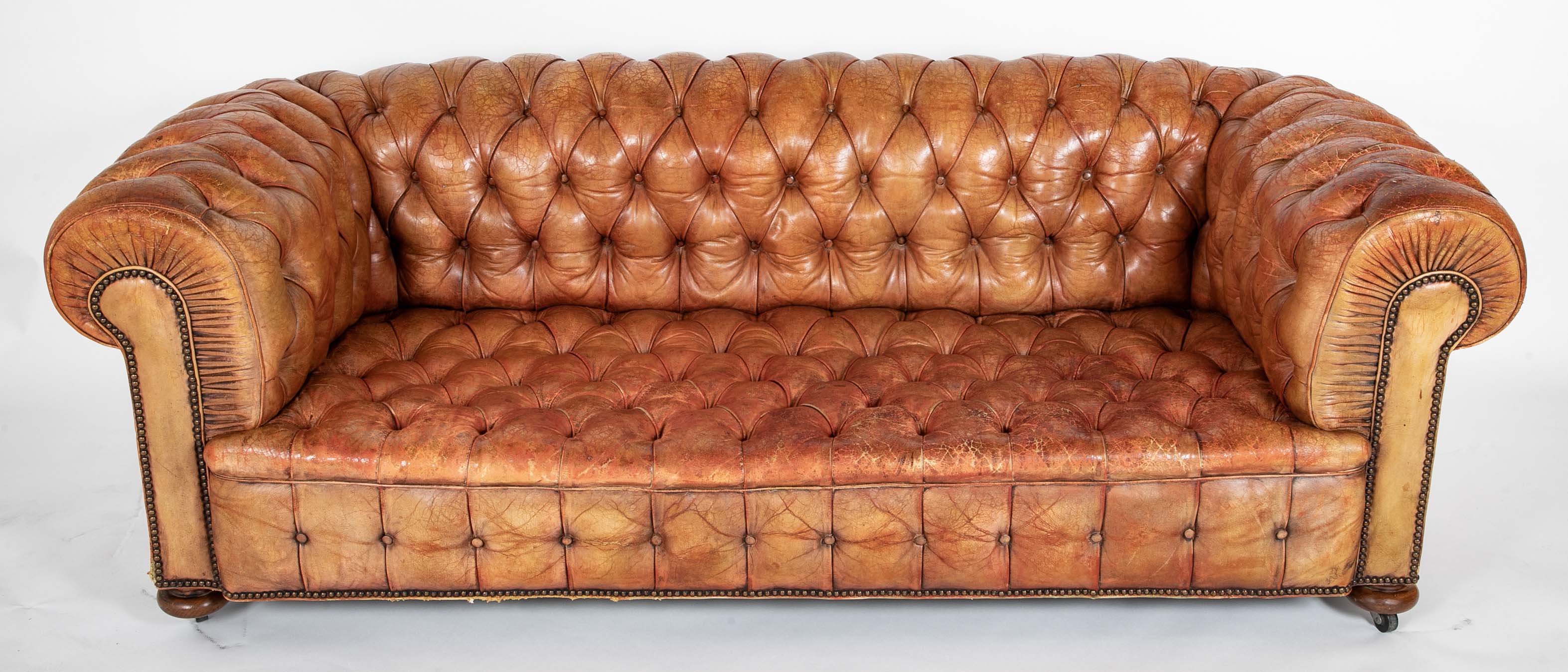 Pair of Mid 20th Century English Chesterfield Sofas in Coral Leather