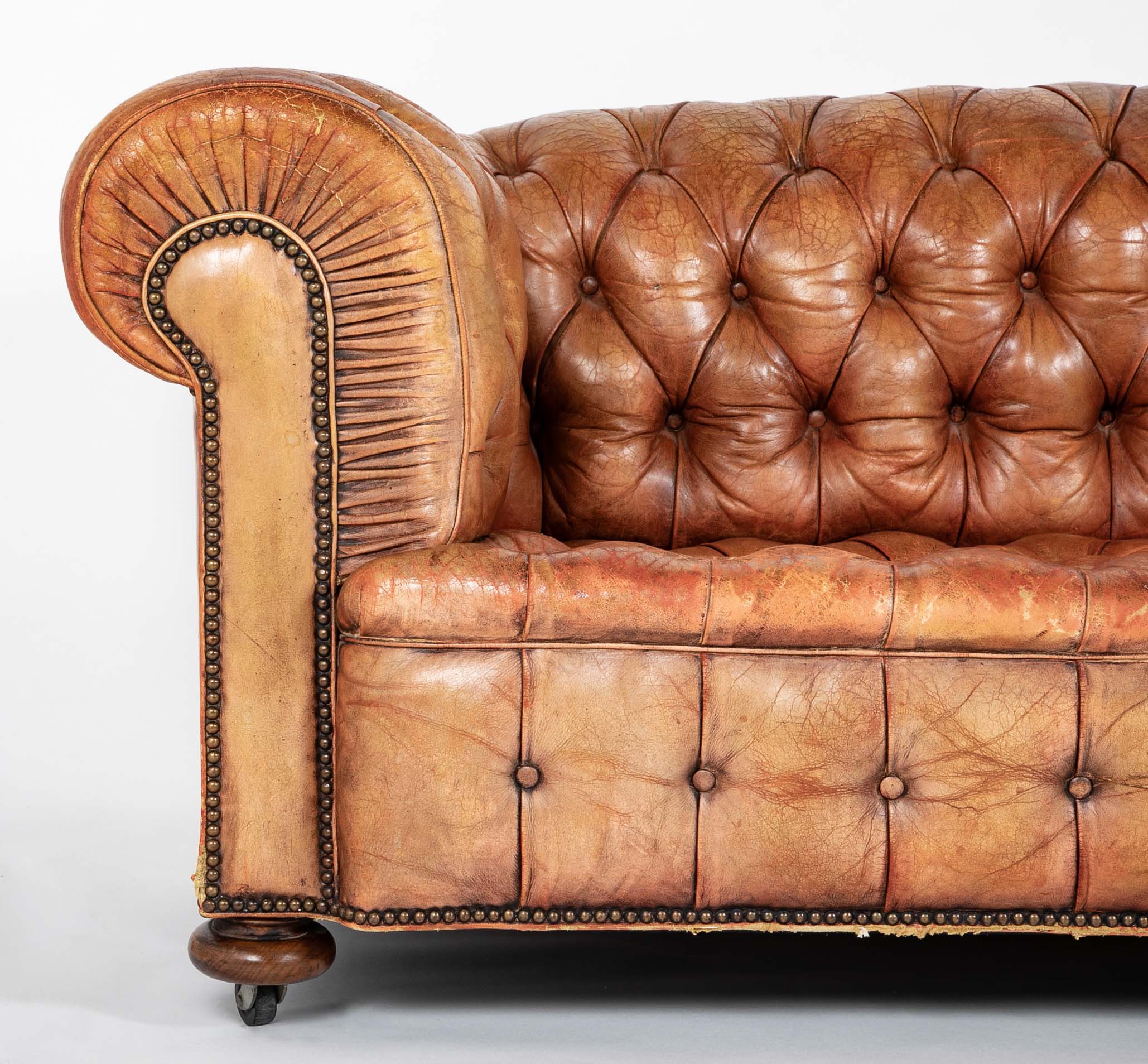 Pair of Mid 20th Century English Chesterfield Sofas in Coral Leather