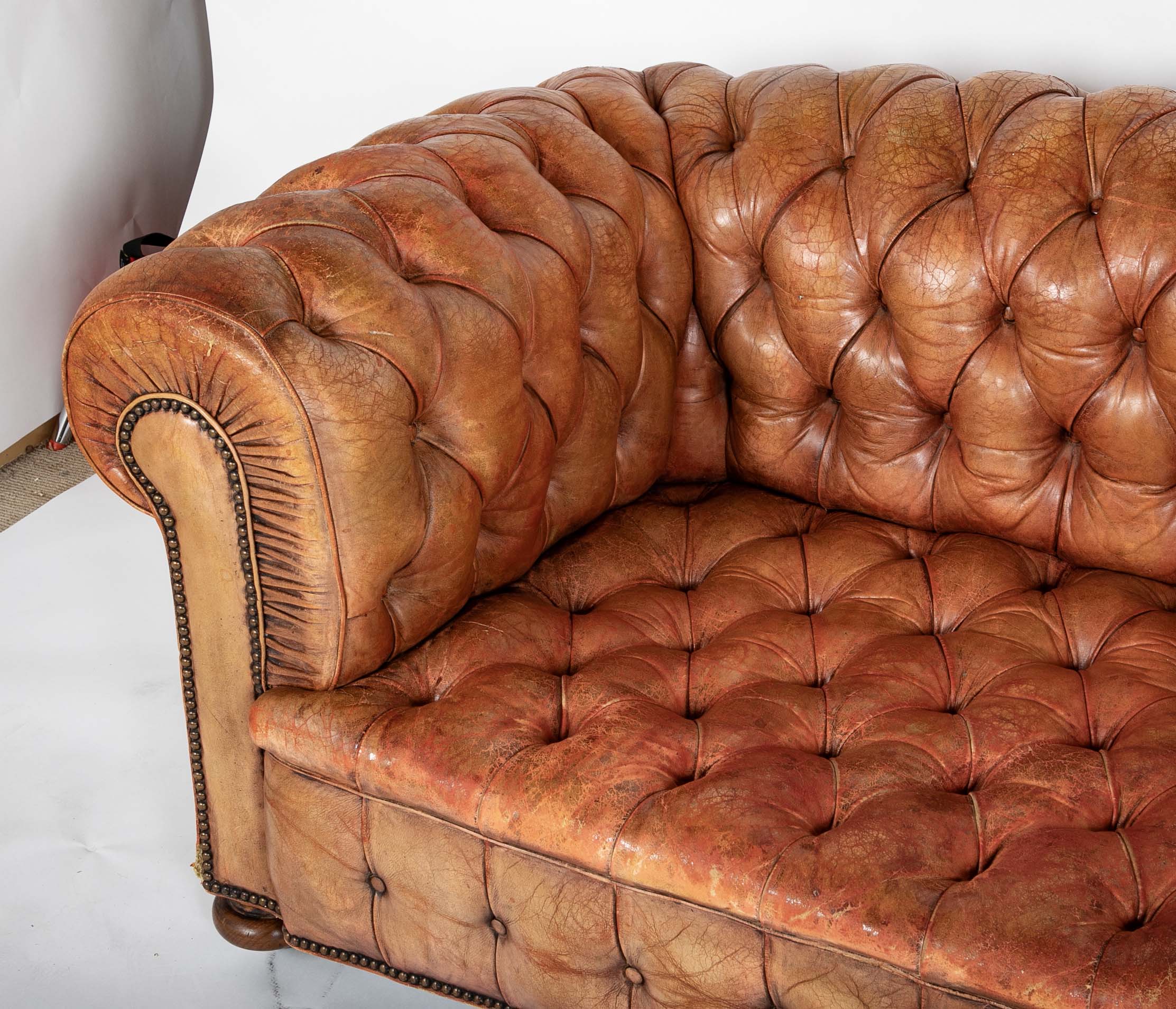 Pair of Mid 20th Century English Chesterfield Sofas in Coral Leather