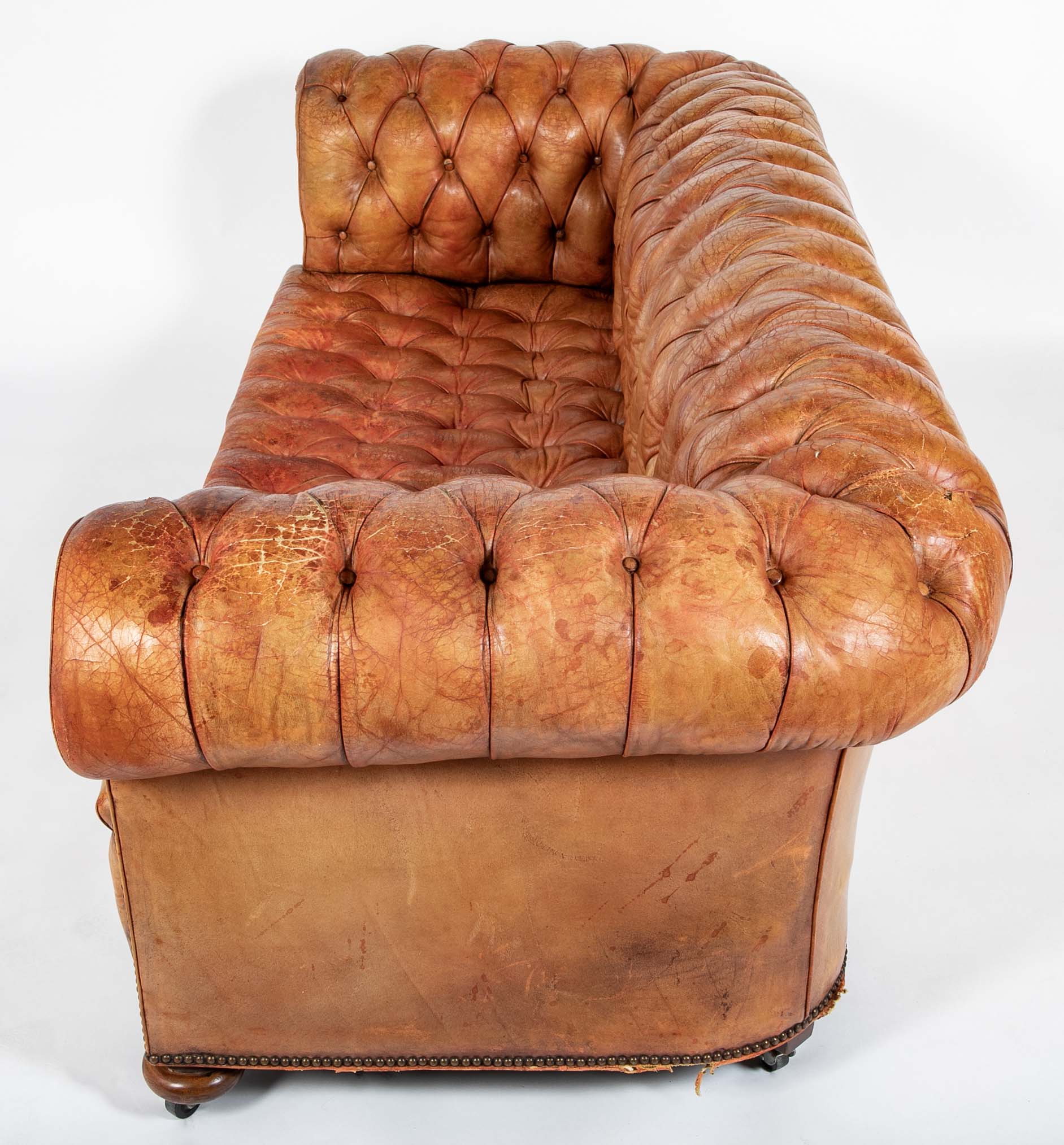 Pair of Mid 20th Century English Chesterfield Sofas in Coral Leather