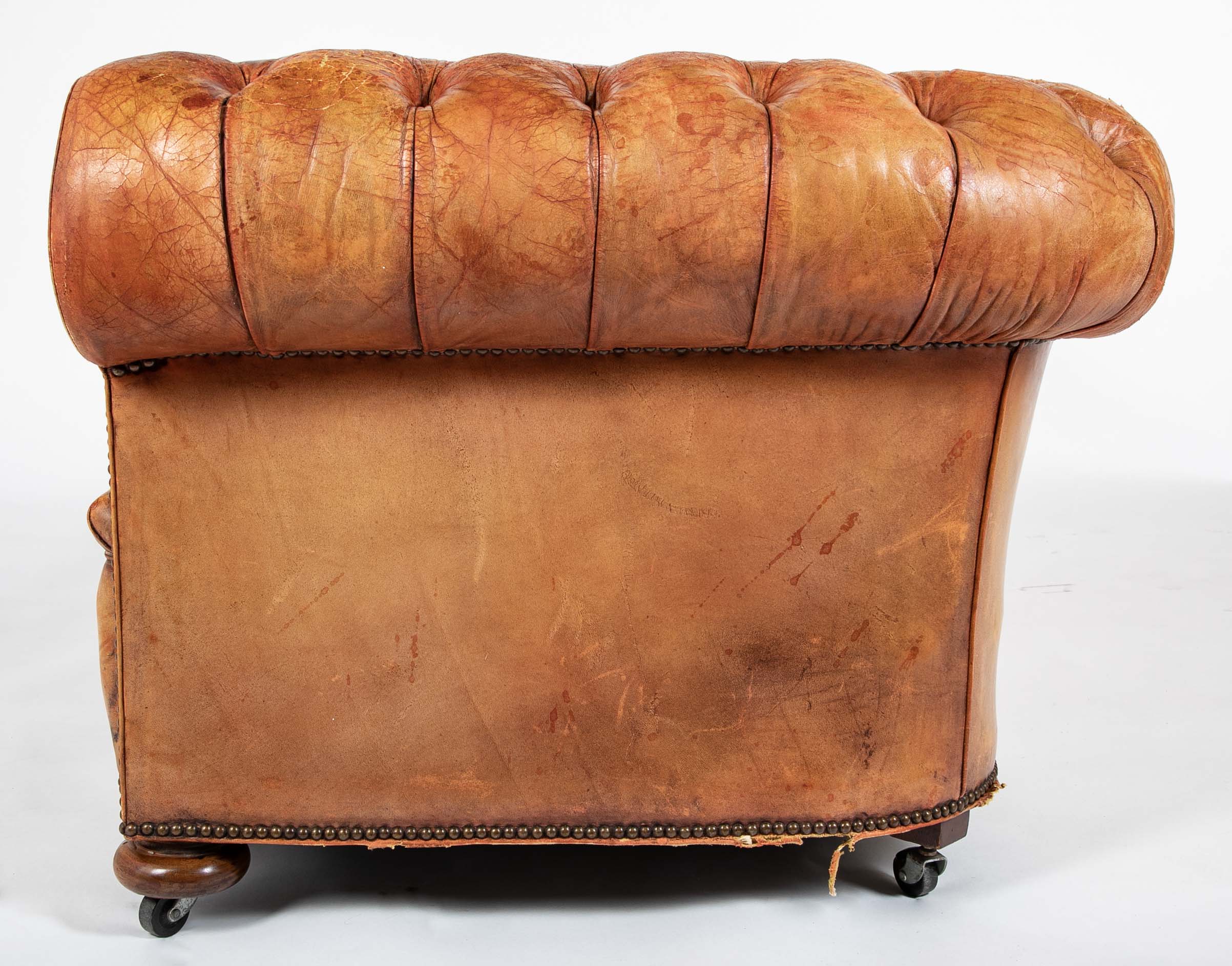 Pair of Mid 20th Century English Chesterfield Sofas in Coral Leather