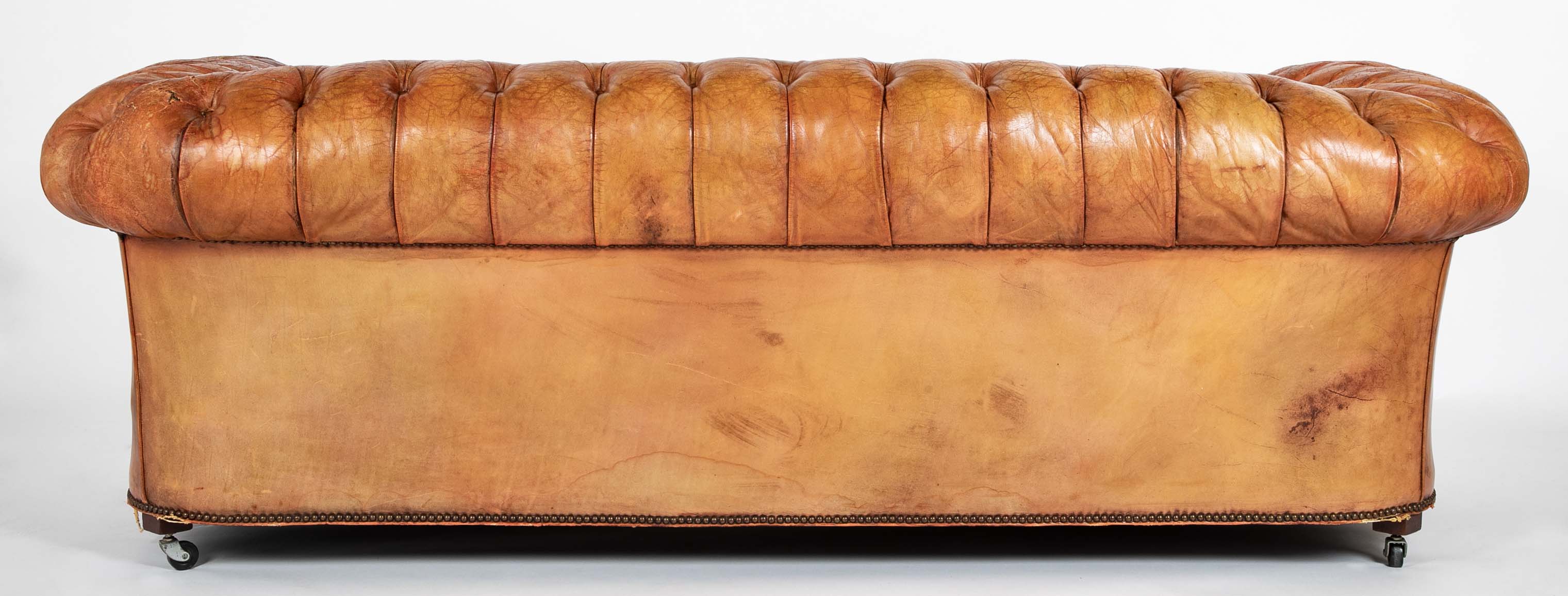 Pair of Mid 20th Century English Chesterfield Sofas in Coral Leather