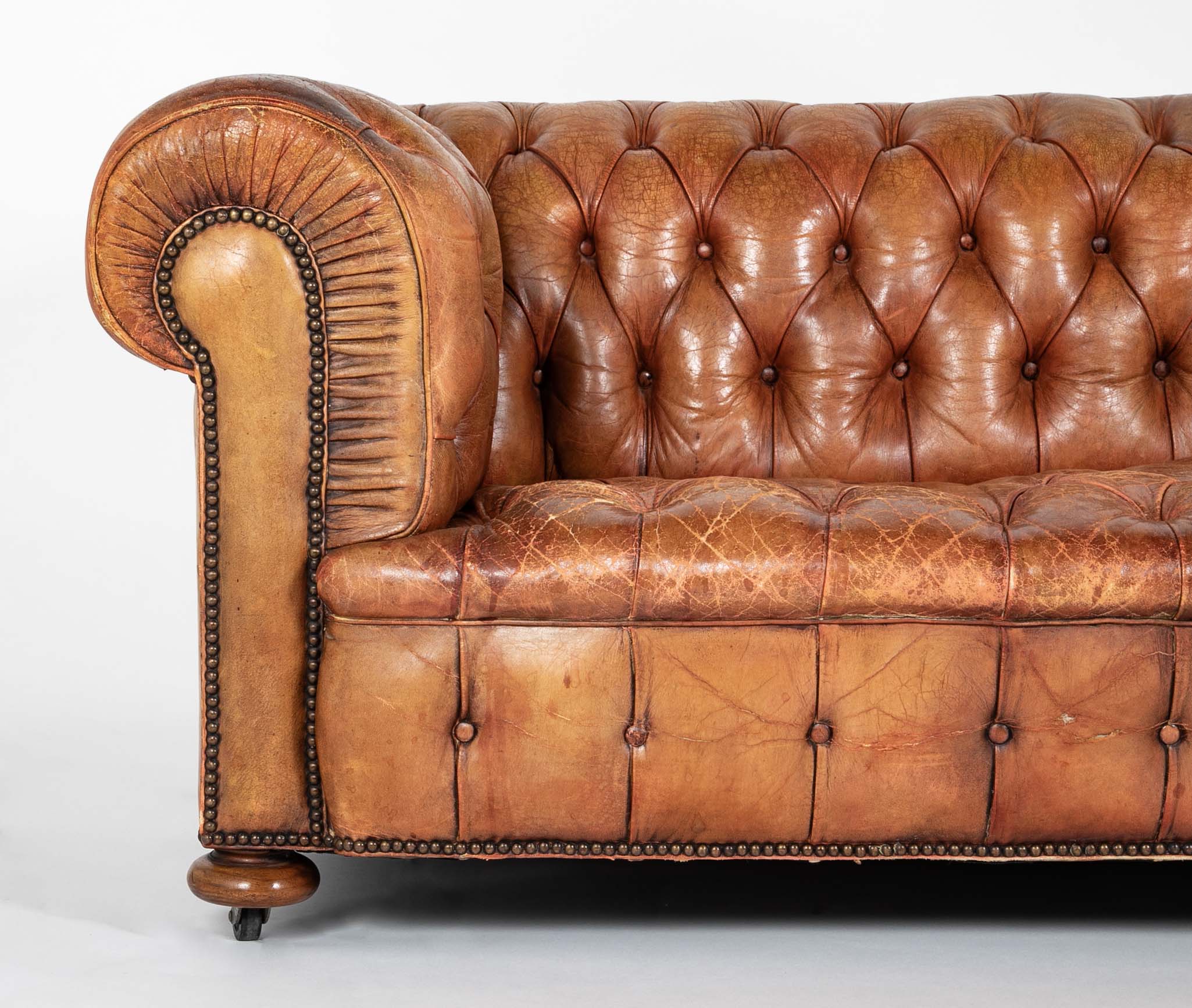 Pair of Mid 20th Century English Chesterfield Sofas in Coral Leather