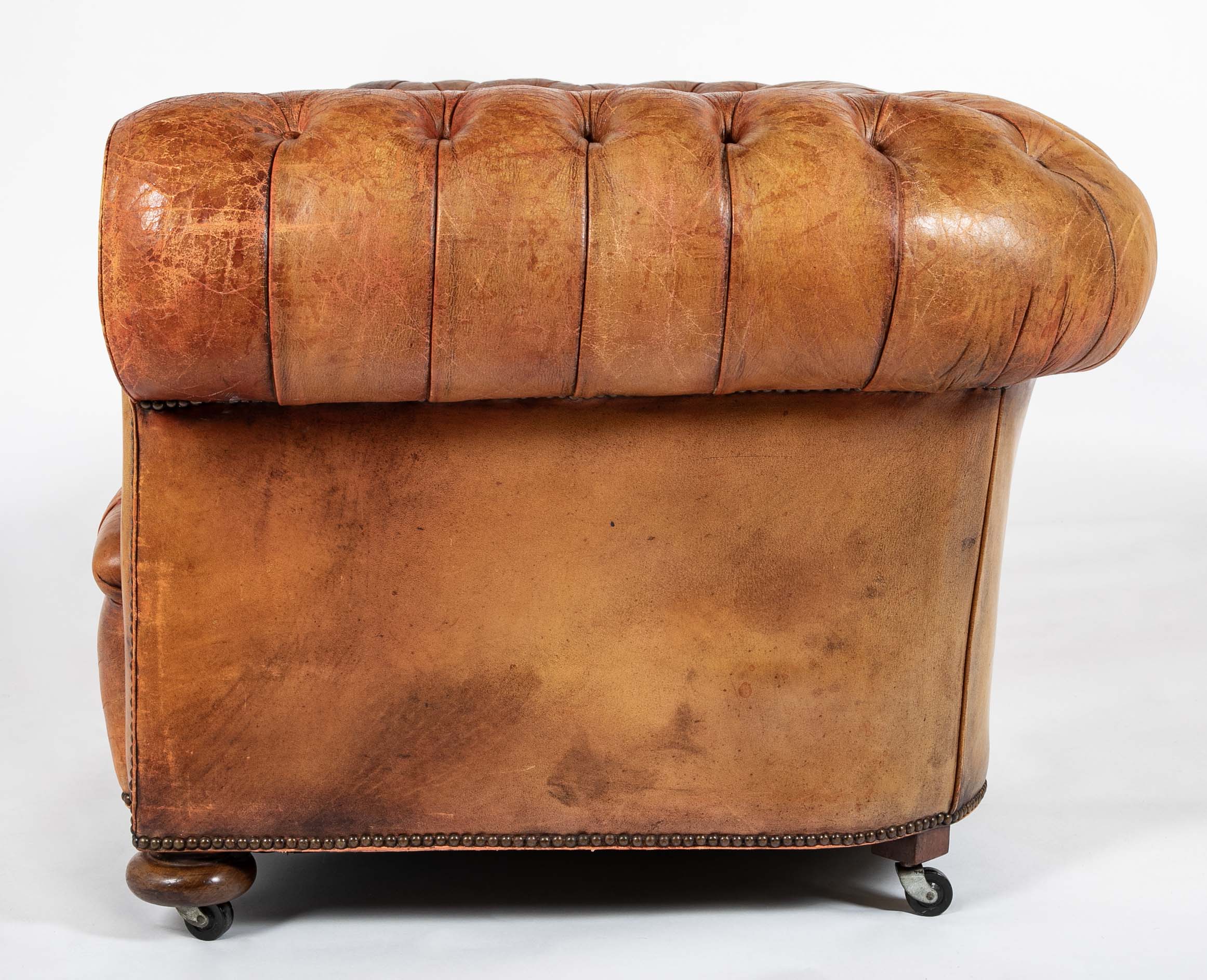 Pair of Mid 20th Century English Chesterfield Sofas in Coral Leather