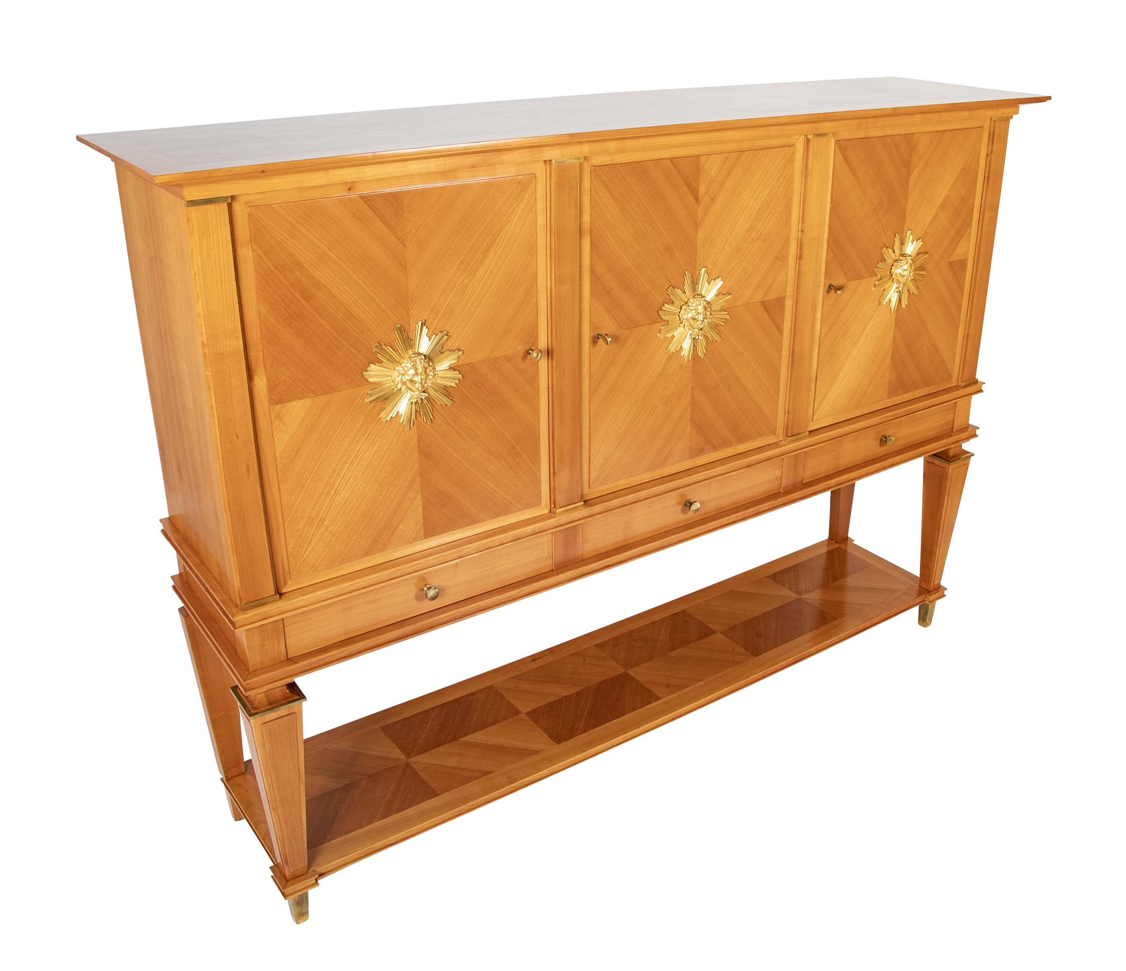 Jean Pascaud Blond Mahogany Credenza with Ormolu Sun Masks by Vadim Androusou