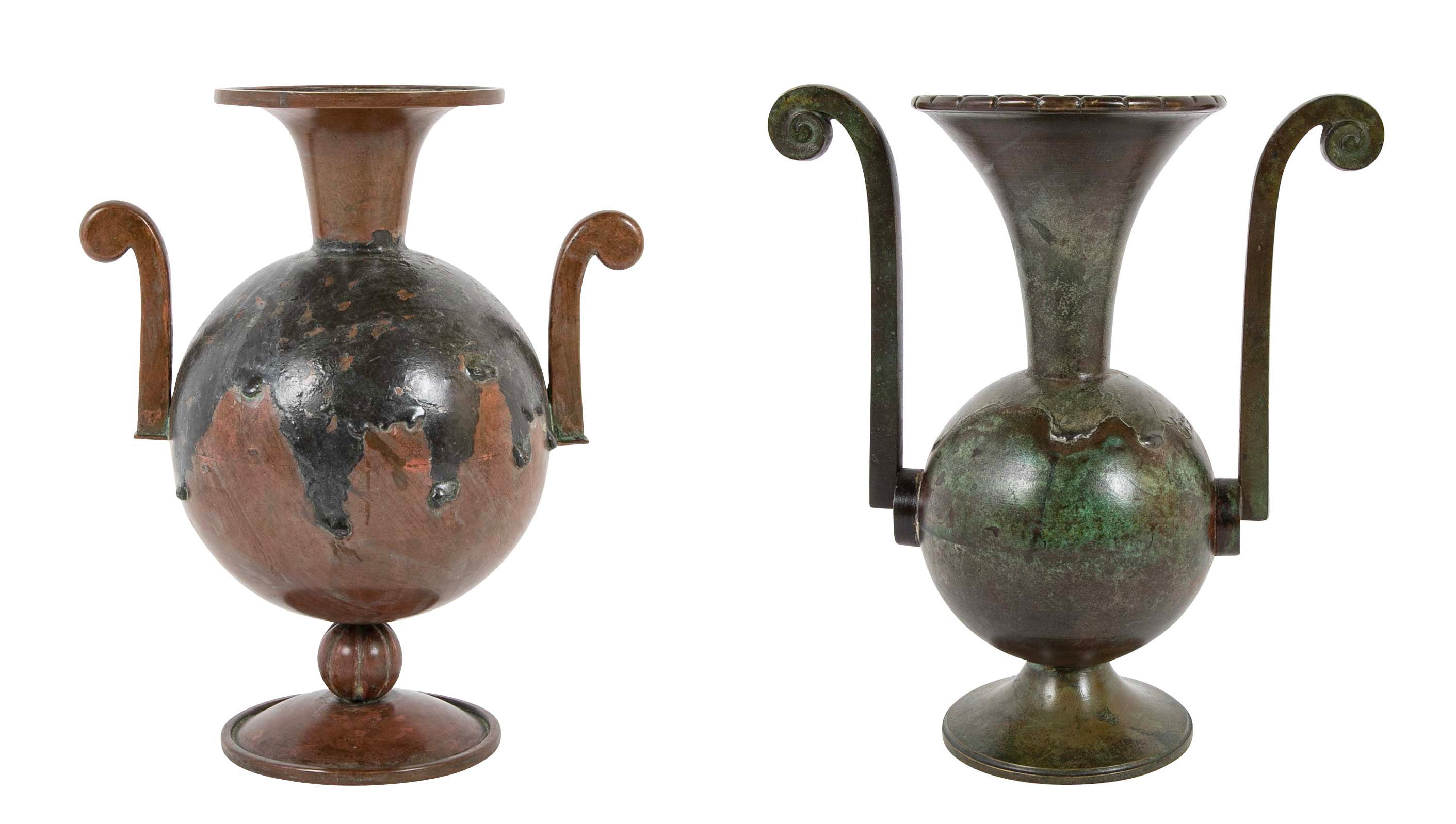 Two Double Handled Patinated Bronze & Copper Vases By G. Åke of Göteborg