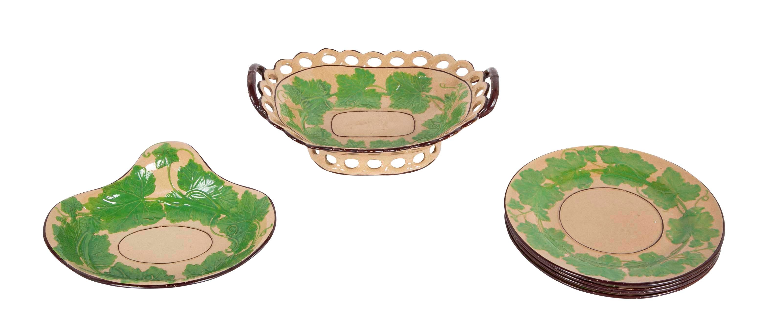 Set of Six Brown Glazed Earthenware Pieces with Raised Green Glazed Leaves