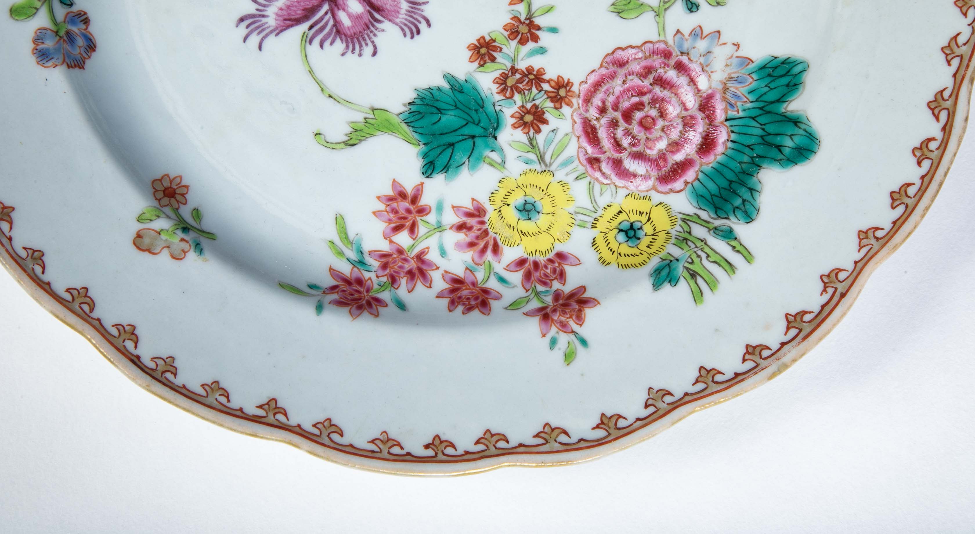 Pair of Chinese Export Famille Rose Porcelain Plates with Floral Polychrome Decor