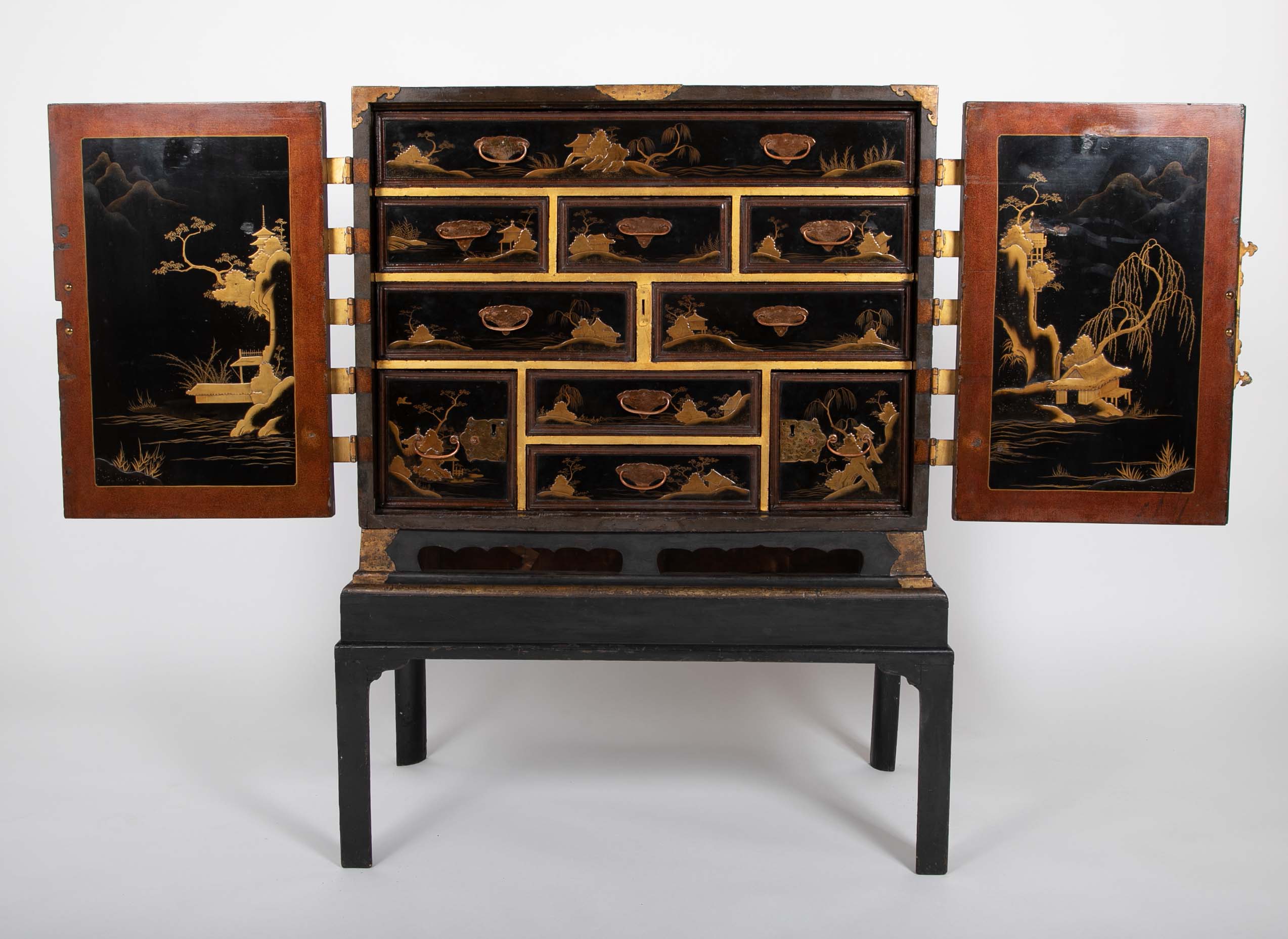 17th Century Japanese Gilt & Black Lacquer Cabinet for Export on Later Stand