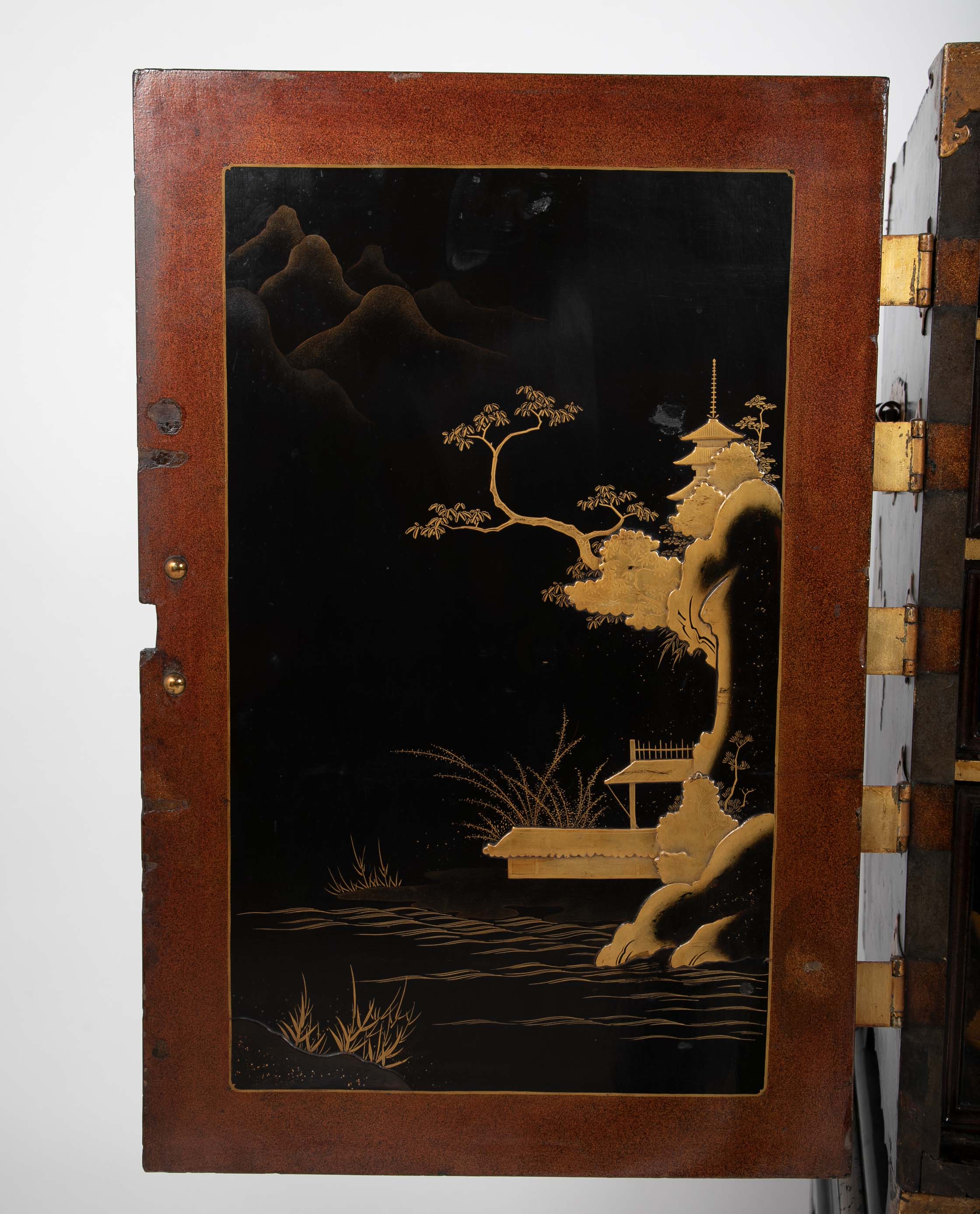 17th Century Japanese Gilt & Black Lacquer Cabinet for Export on Later Stand