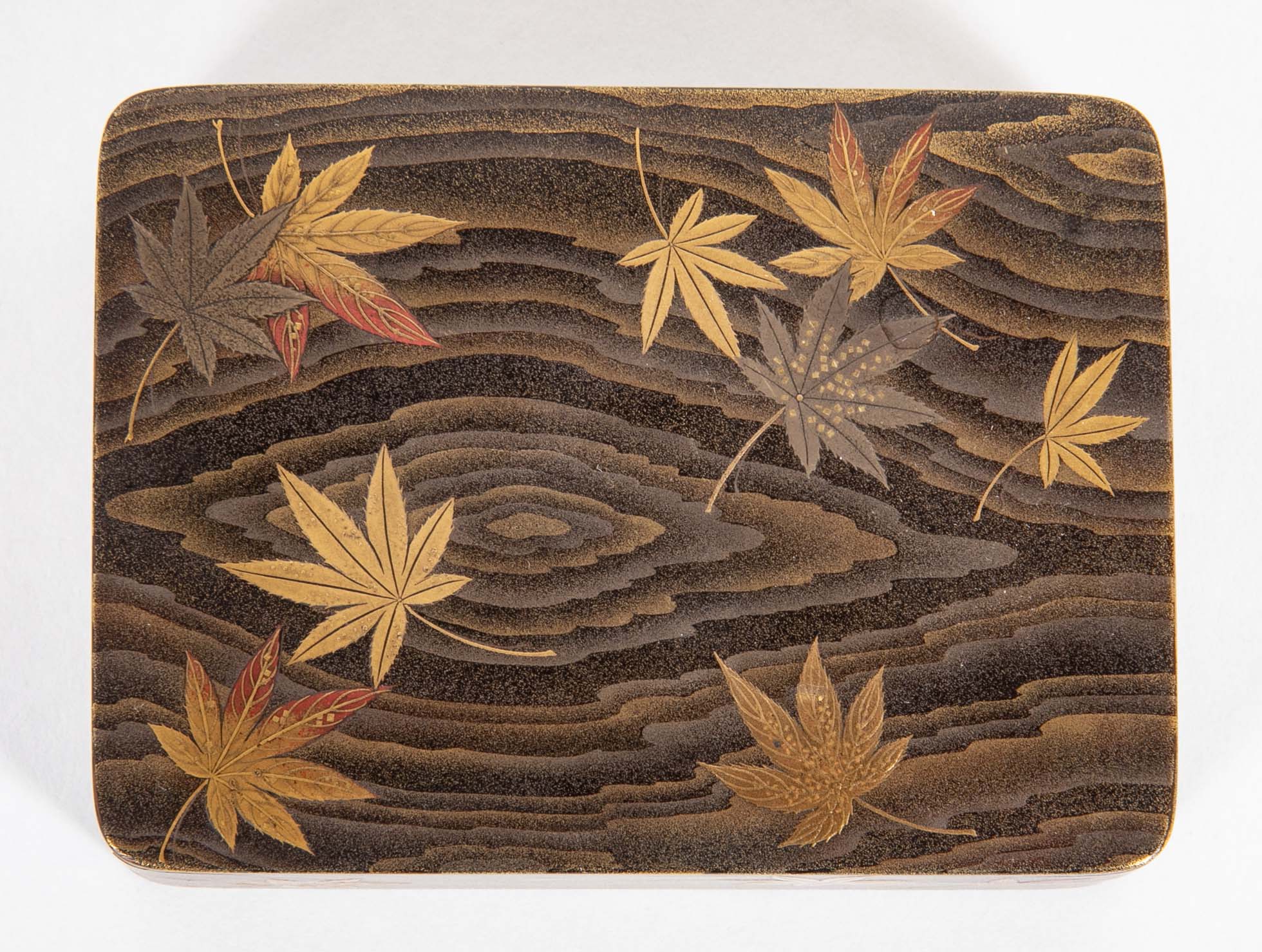 Japanese Brown Lacquer Box with Maple Leaves on a Pond Decor