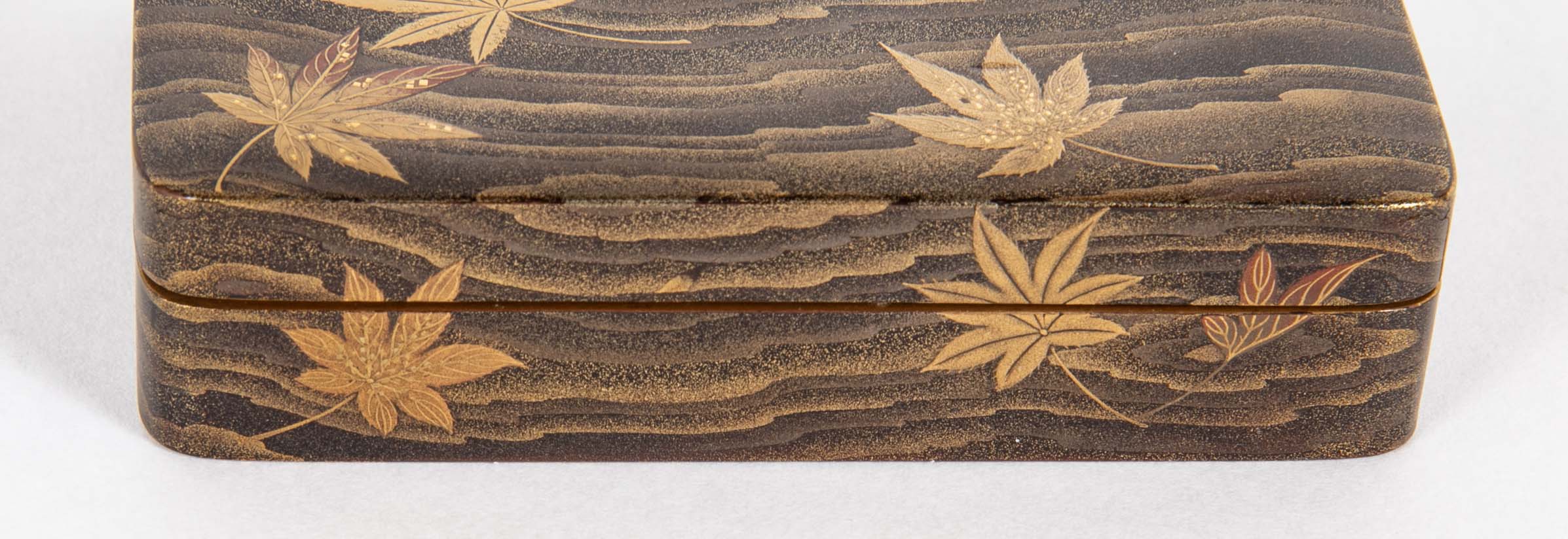 Japanese Brown Lacquer Box with Maple Leaves on a Pond Decor