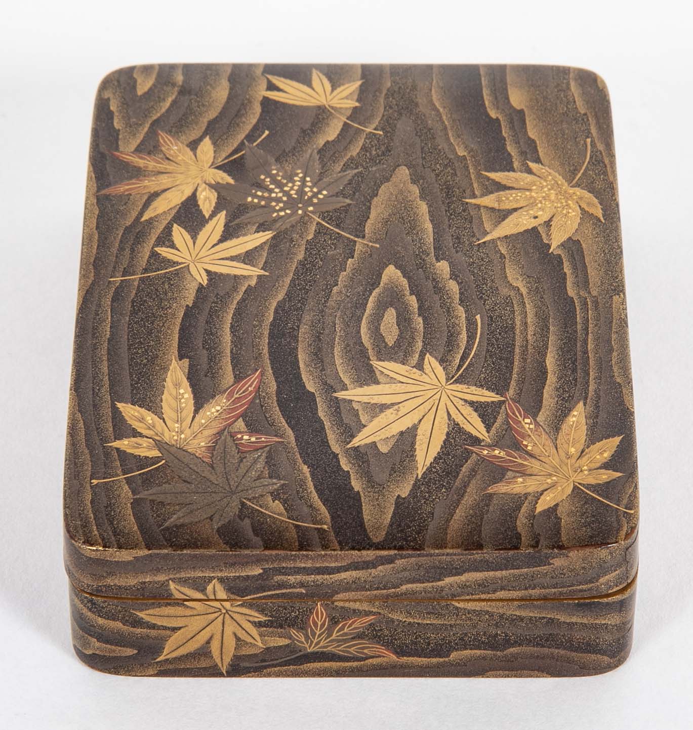 Japanese Brown Lacquer Box with Maple Leaves on a Pond Decor