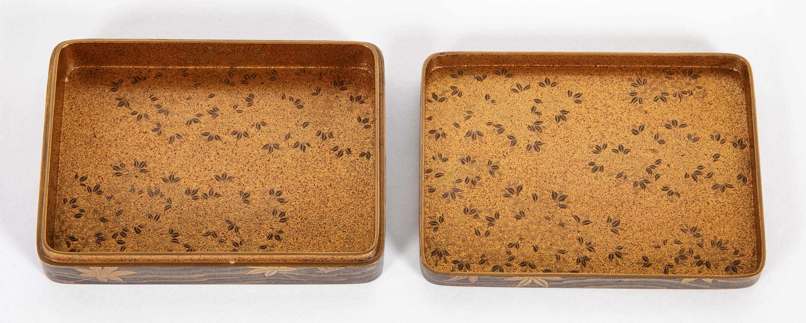 Japanese Brown Lacquer Box with Maple Leaves on a Pond Decor