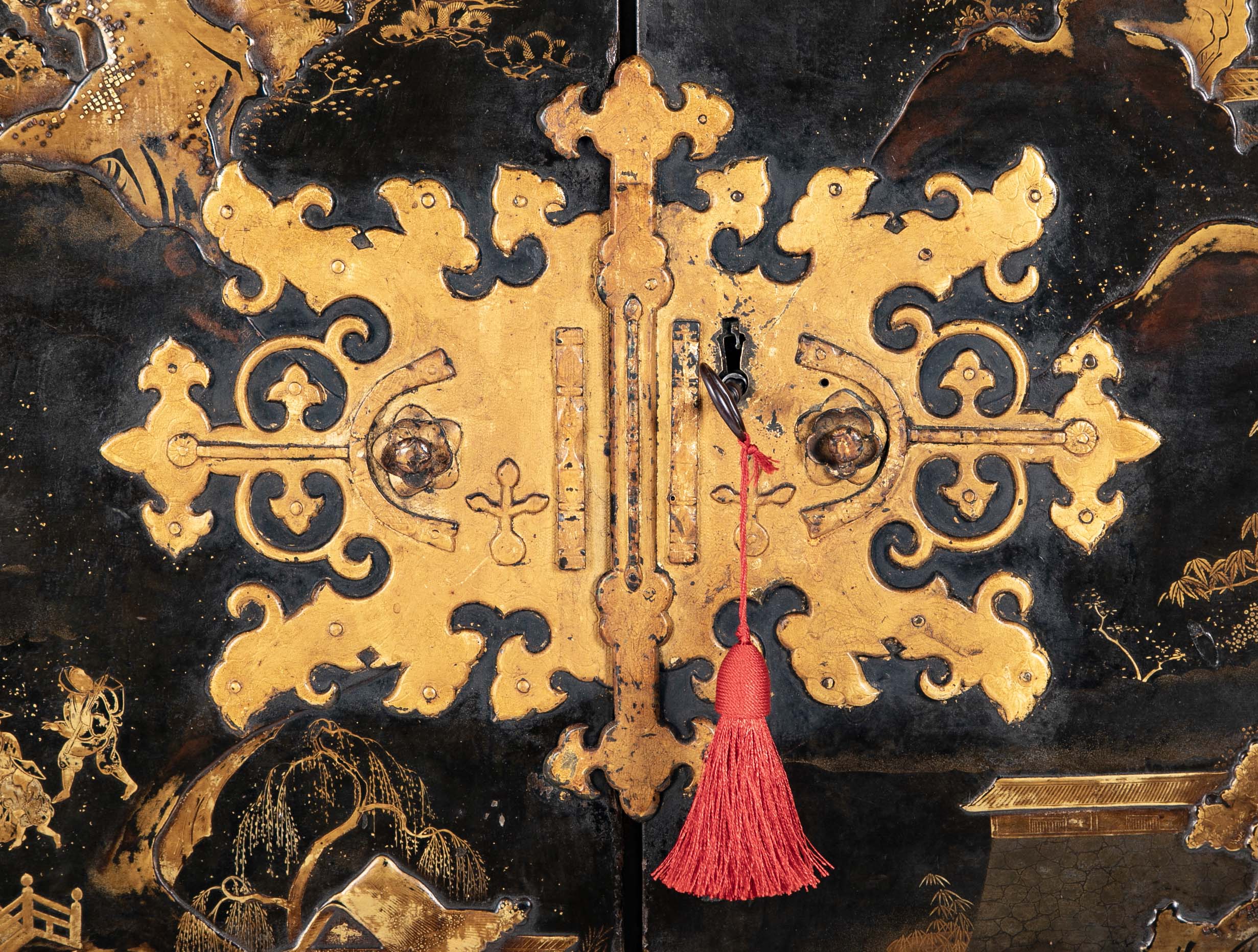 17th Century Japanese Gilt & Black Lacquer Cabinet for Export on Later Stand