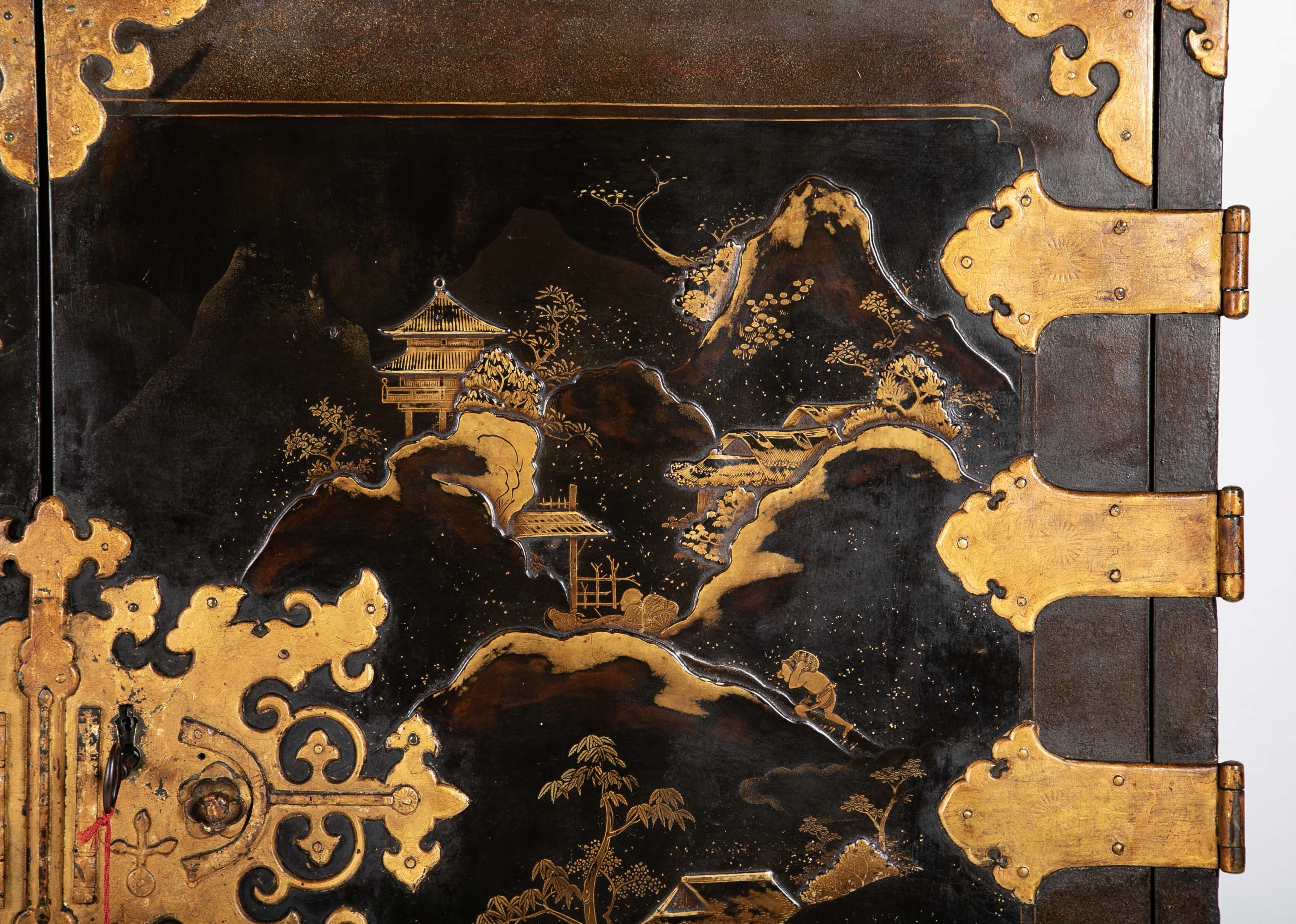 17th Century Japanese Gilt & Black Lacquer Cabinet for Export on Later Stand
