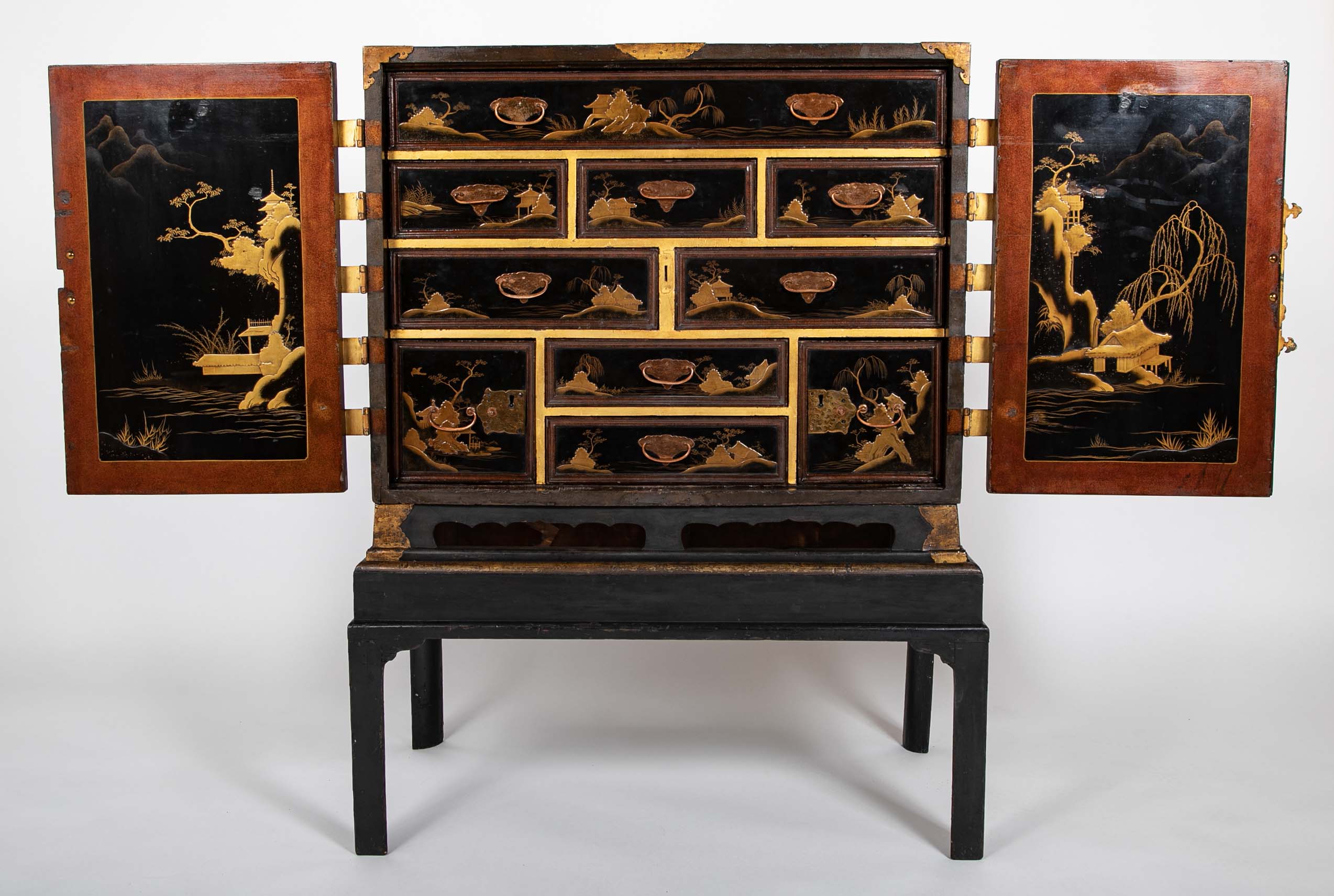 17th Century Japanese Gilt & Black Lacquer Cabinet for Export on Later Stand