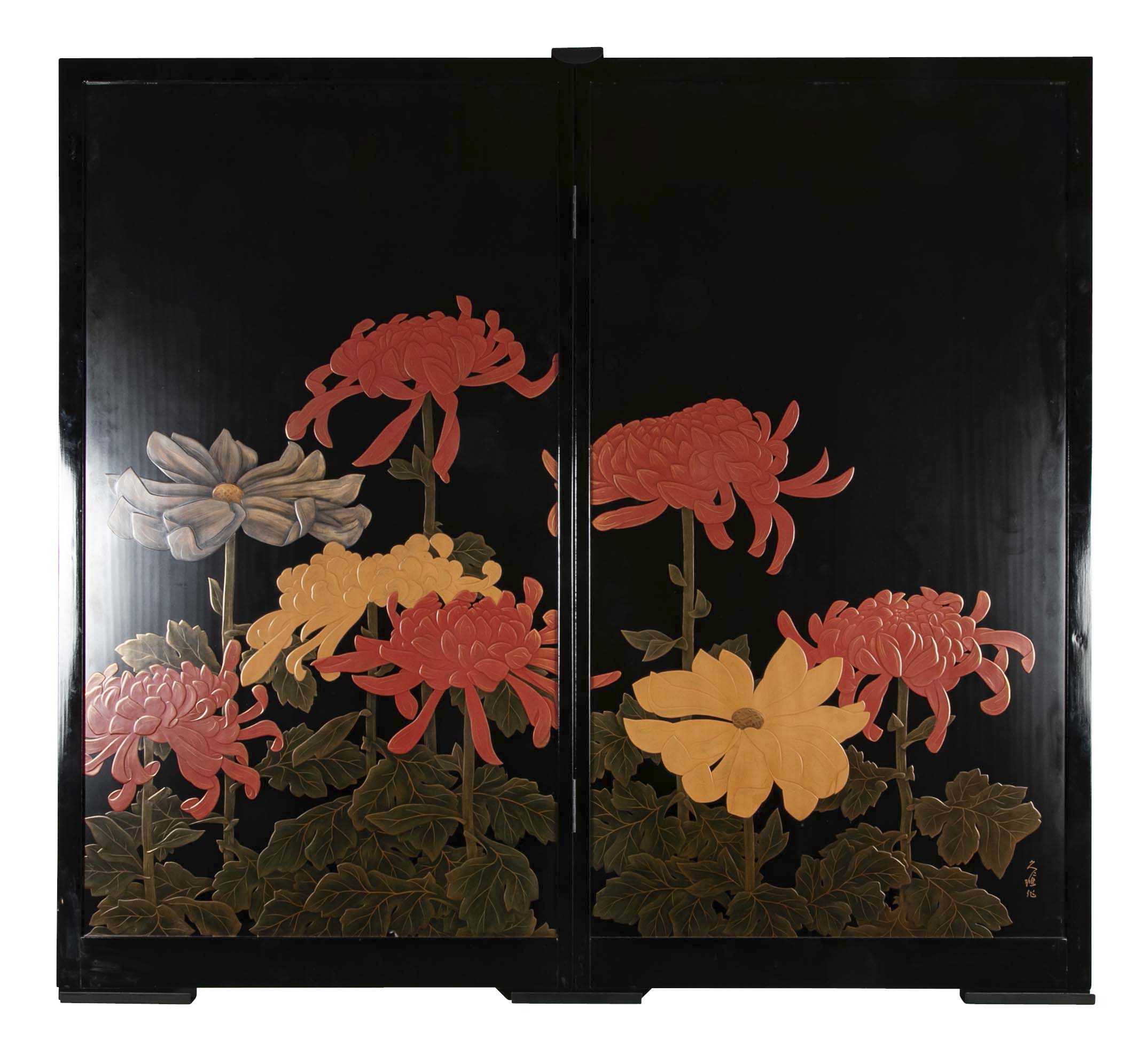 Black Lacquer Screen with Bold Red, Yellow & White Chrysanthemums Signed Kunio Saku