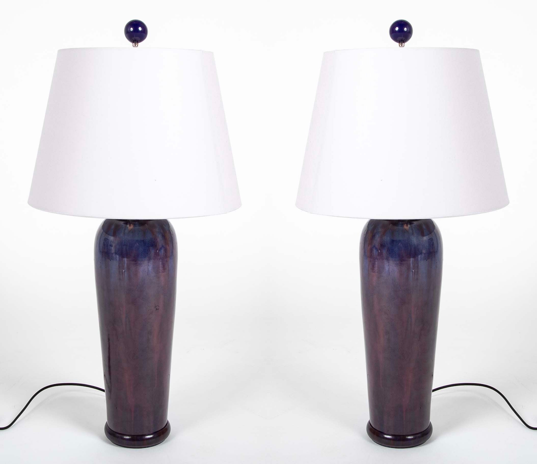 Pair of Chinese Blue Flambe Fulper Vases now Lamps