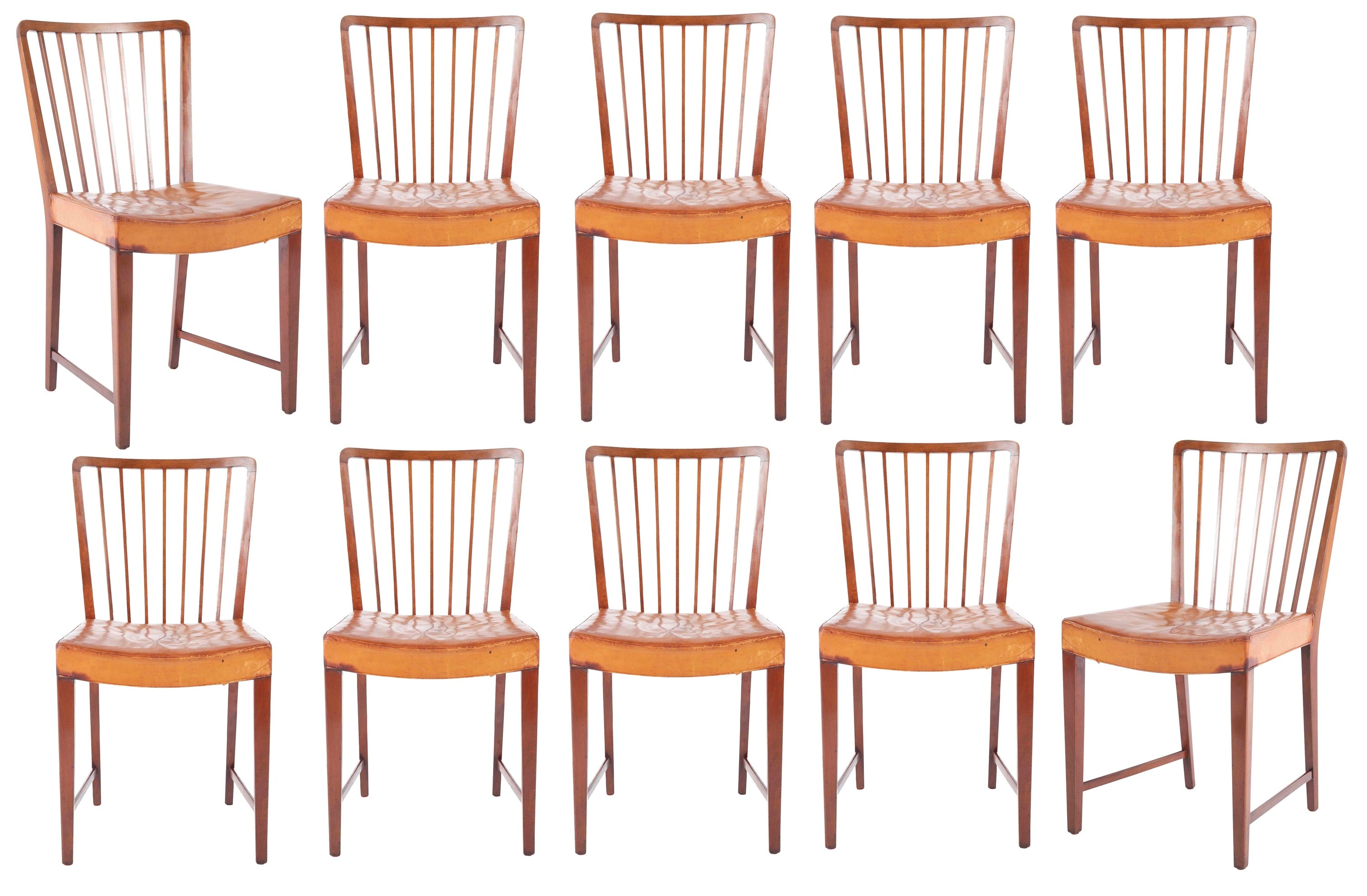 Set of 10 Fritz Hansen Stained Beech Leather Upholstered Dining Chairs