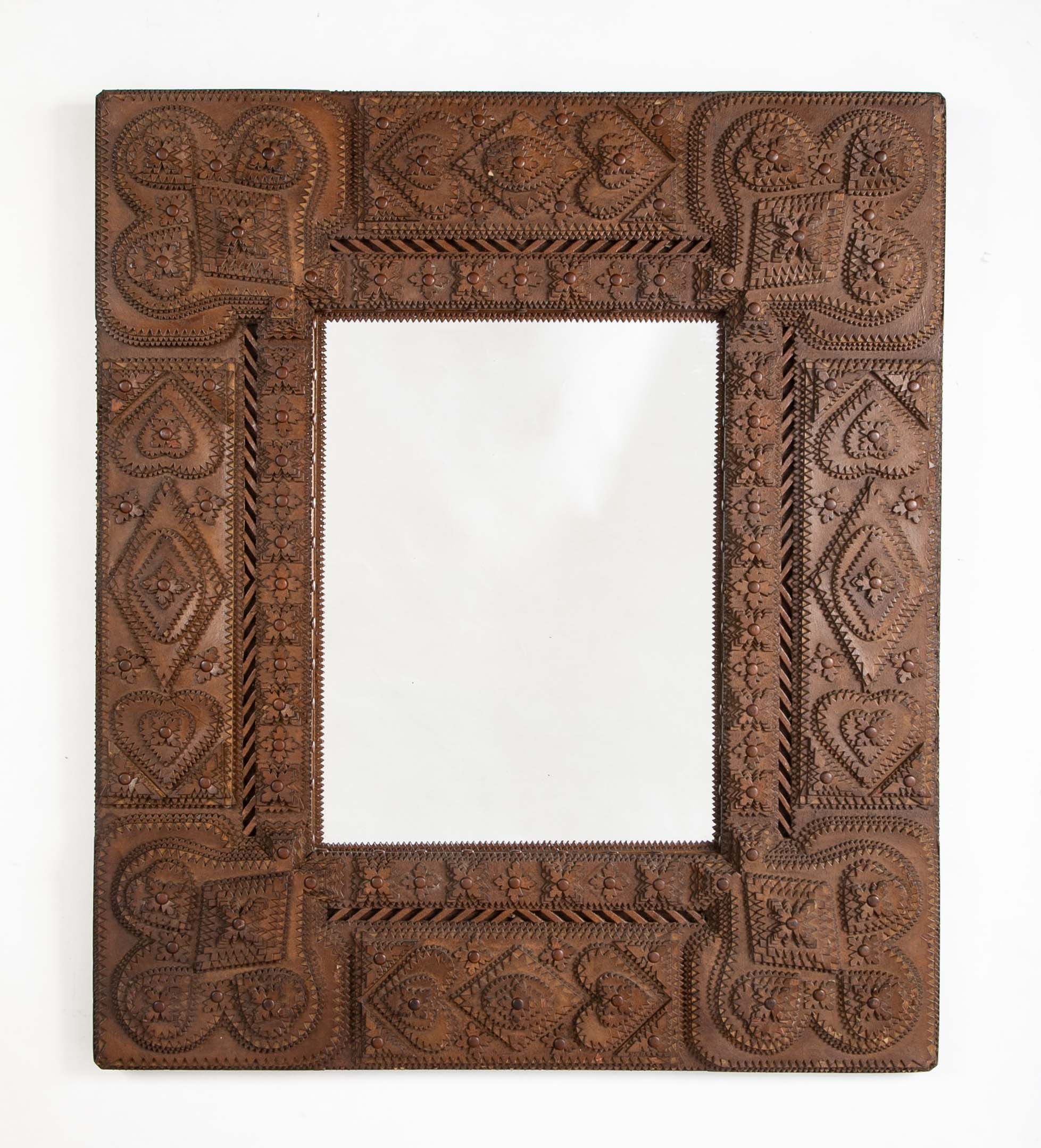 Tramp Art Mirror Frame of Chip Cut and Varnished Cardboard