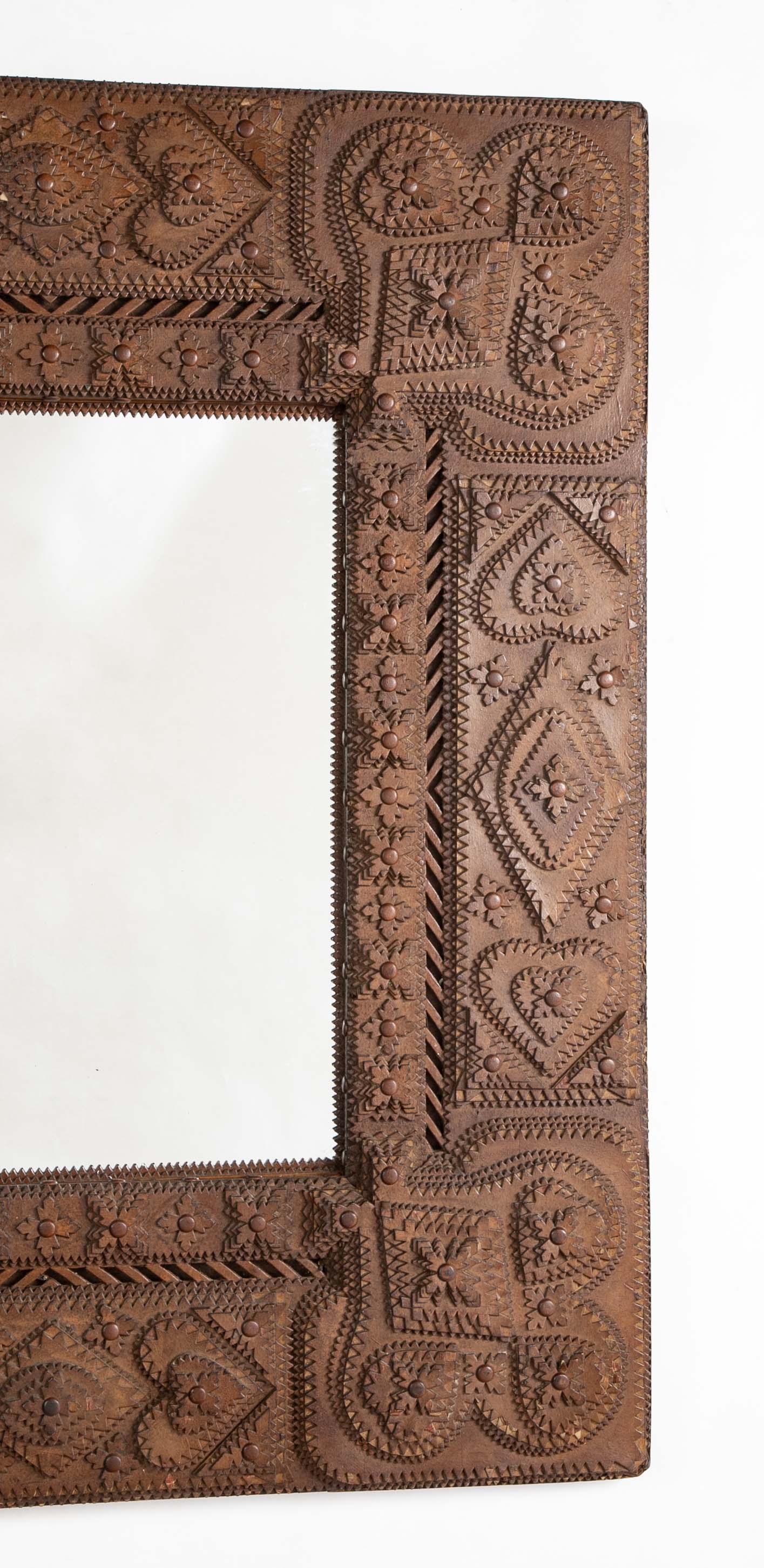 Tramp Art Mirror Frame of Chip Cut and Varnished Cardboard