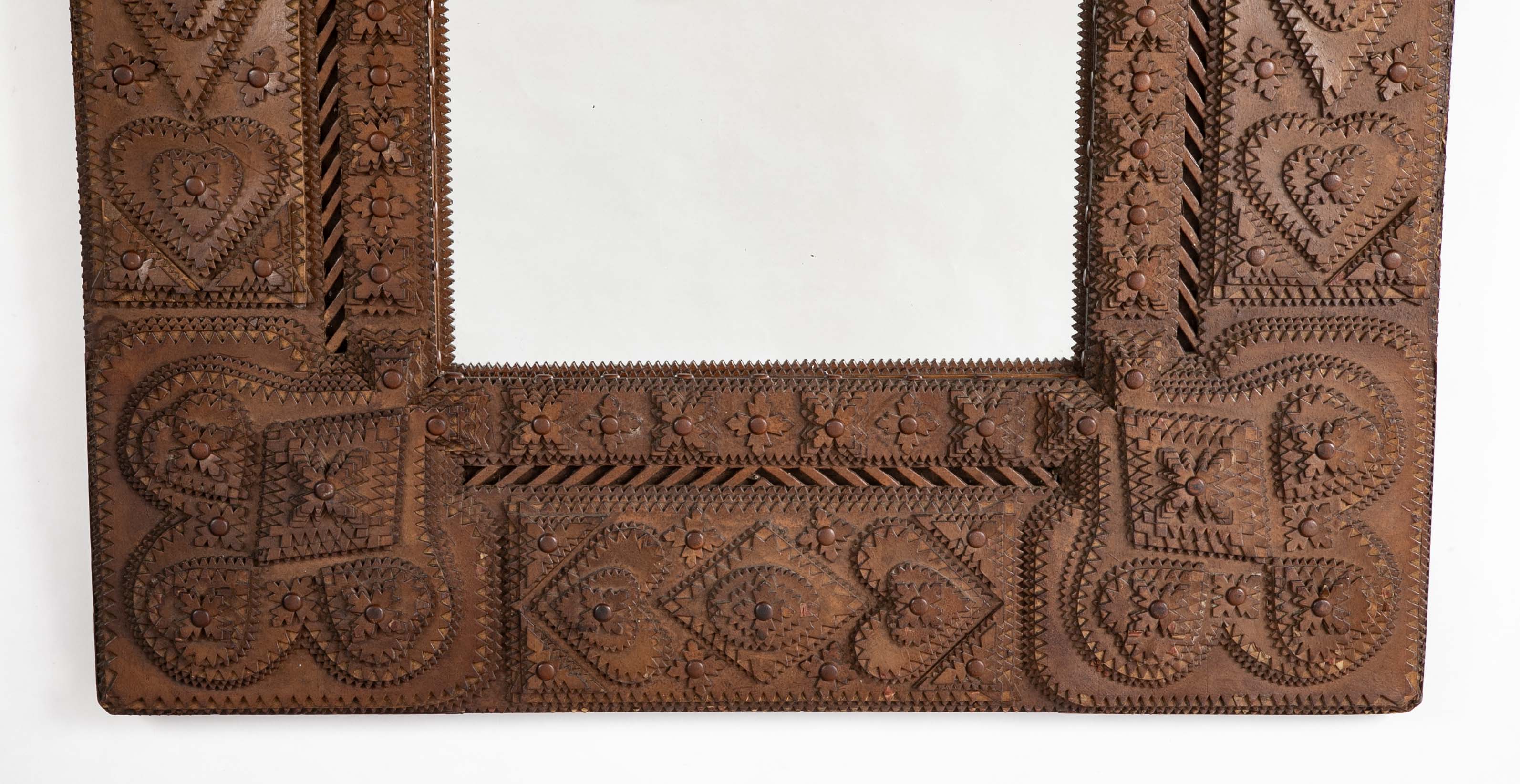Tramp Art Mirror Frame of Chip Cut and Varnished Cardboard