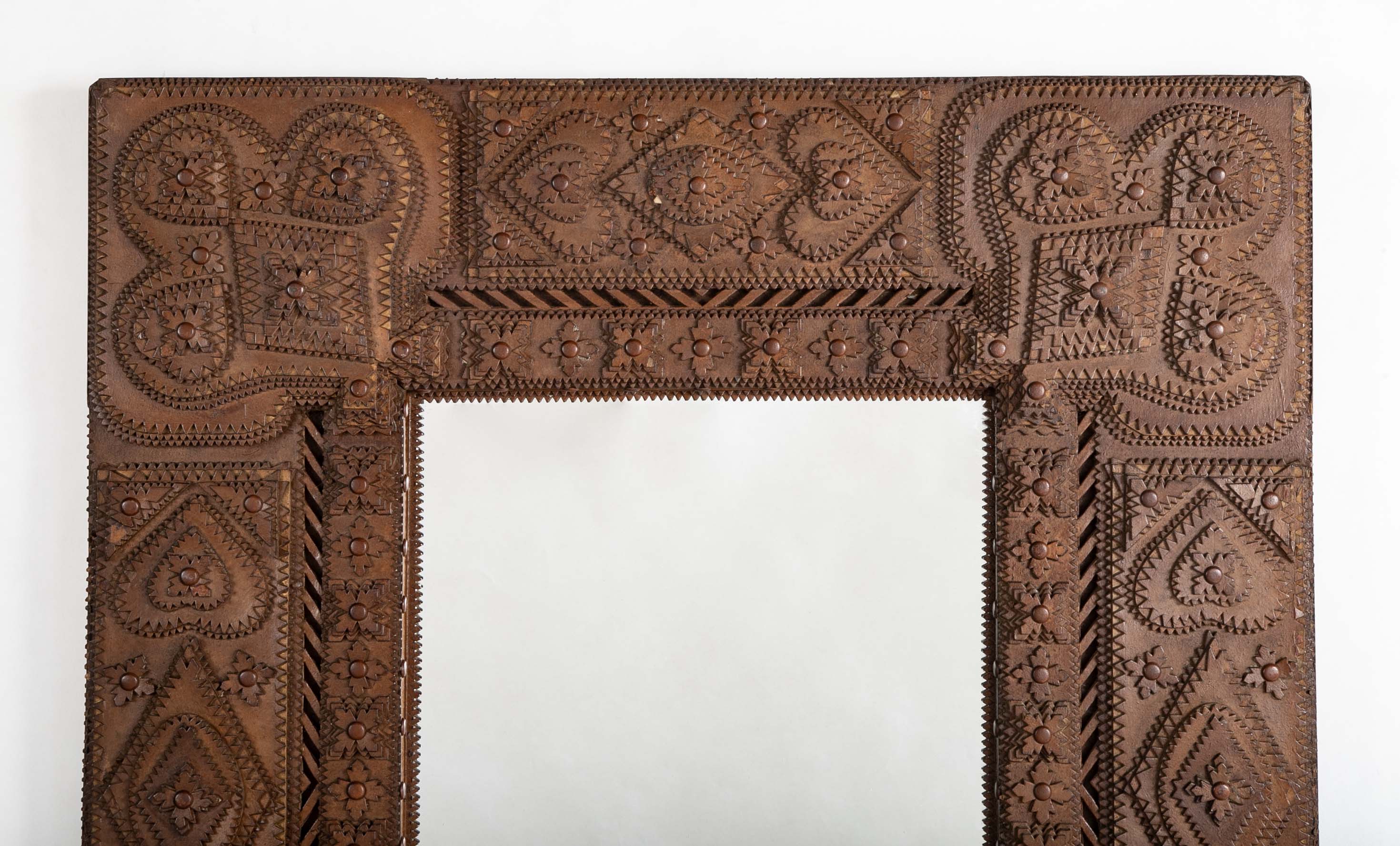 Tramp Art Mirror Frame of Chip Cut and Varnished Cardboard