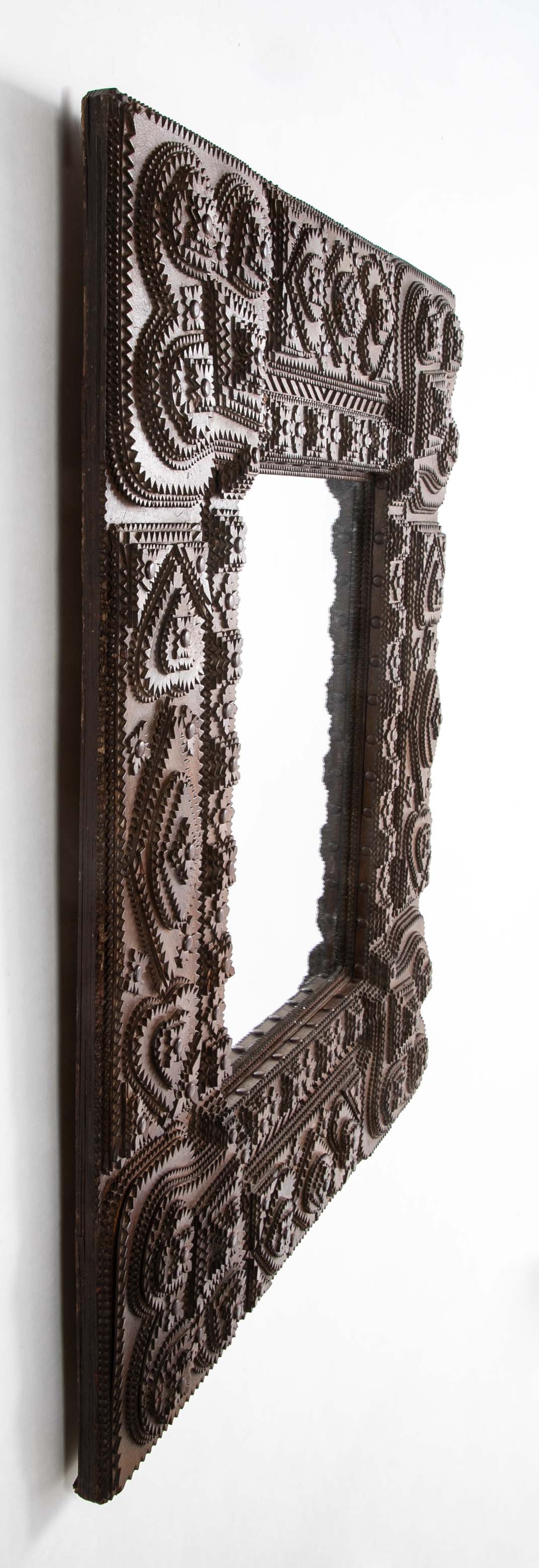Tramp Art Mirror Frame of Chip Cut and Varnished Cardboard