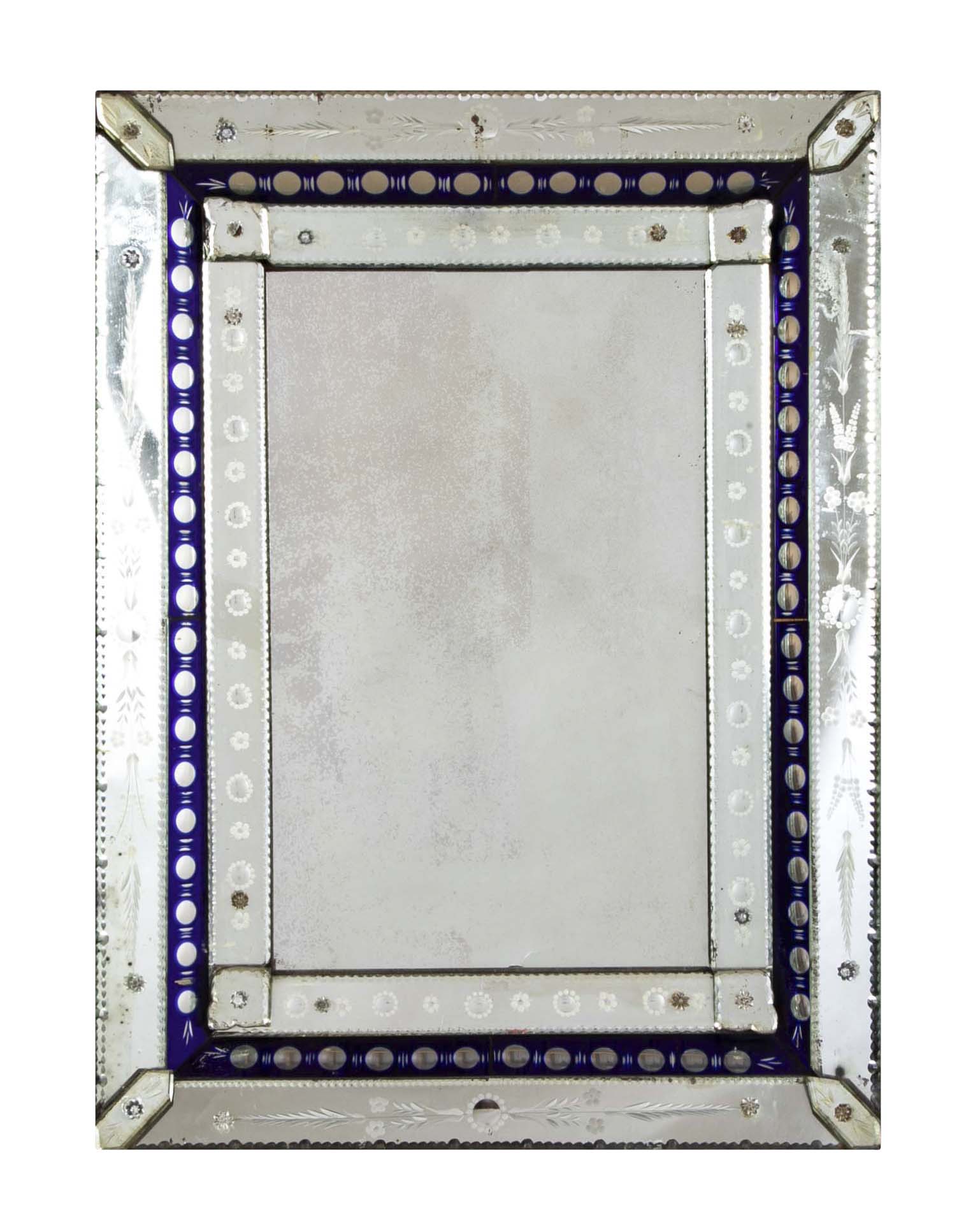 Early 20th Century Mirror in Cobalt & Clear Etched Mirrored Frame